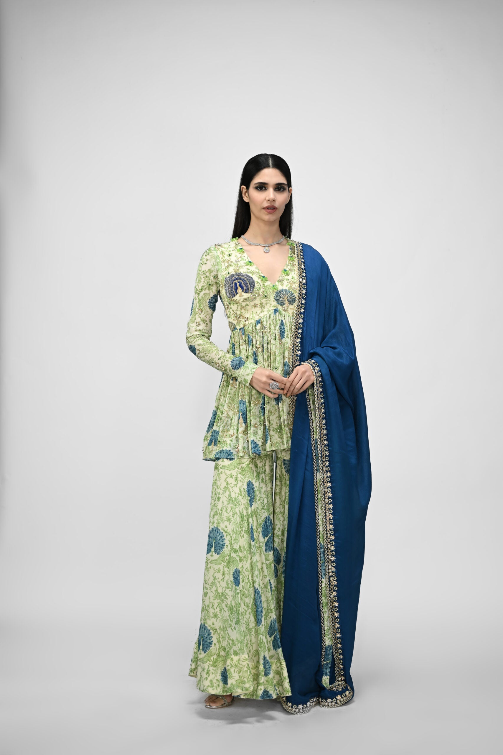 Peacock Highlighted Peplum Kurta Paired with Peacock Sharara Pants With Embroidered Dupatta image 0