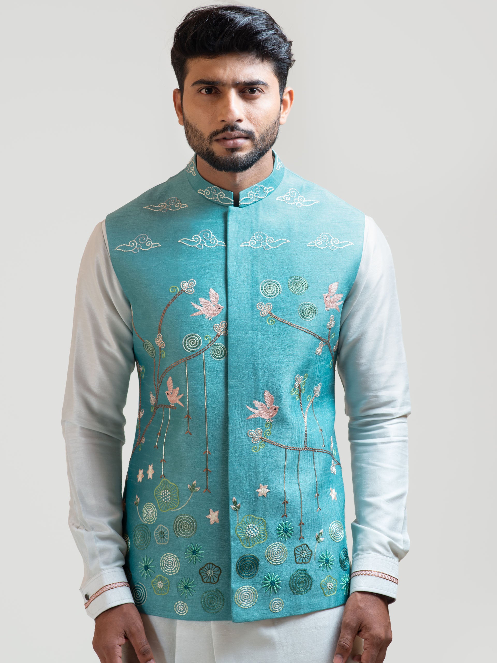 Sea Blue Madhubani Nehru Jacket - Custom image