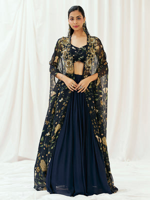 Navy Blue Printed Embroidered Lehenga Set with Cape - M image
