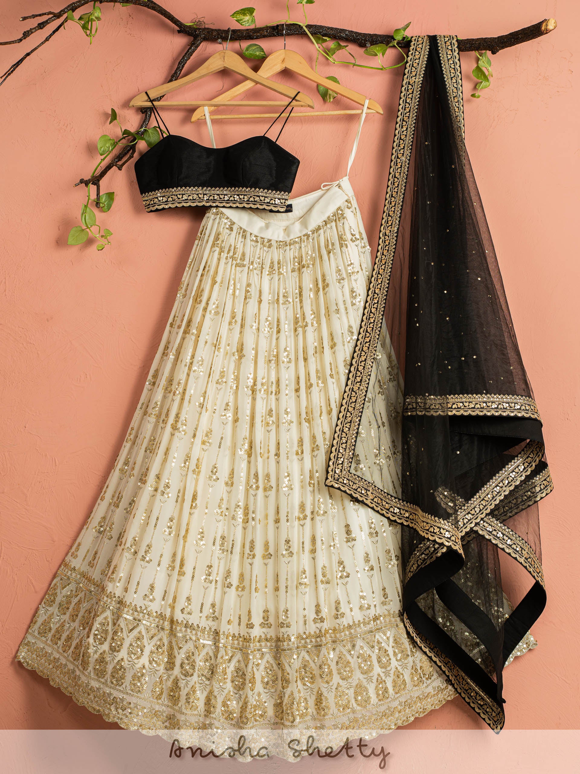 Ivory and Black Shimmer Lehenga Set - S image