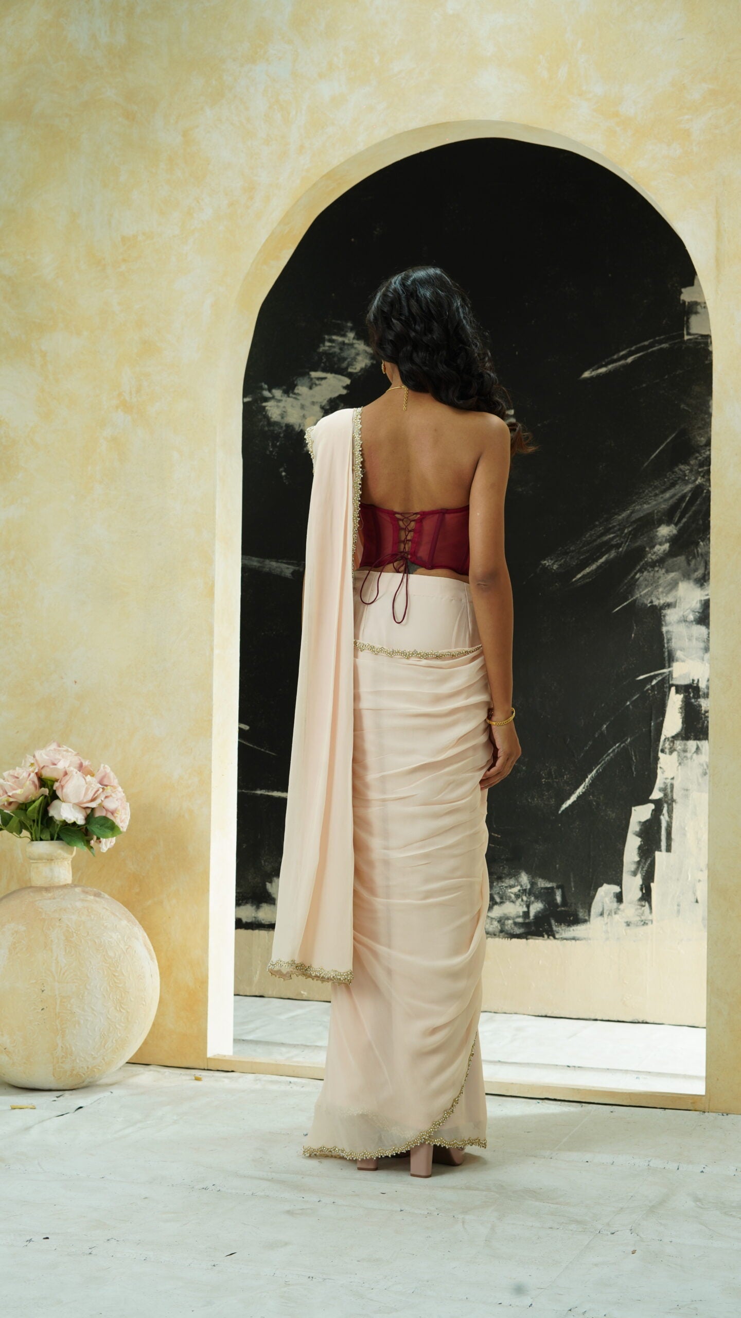 Powder Pink saree and Corset blouse set image 2