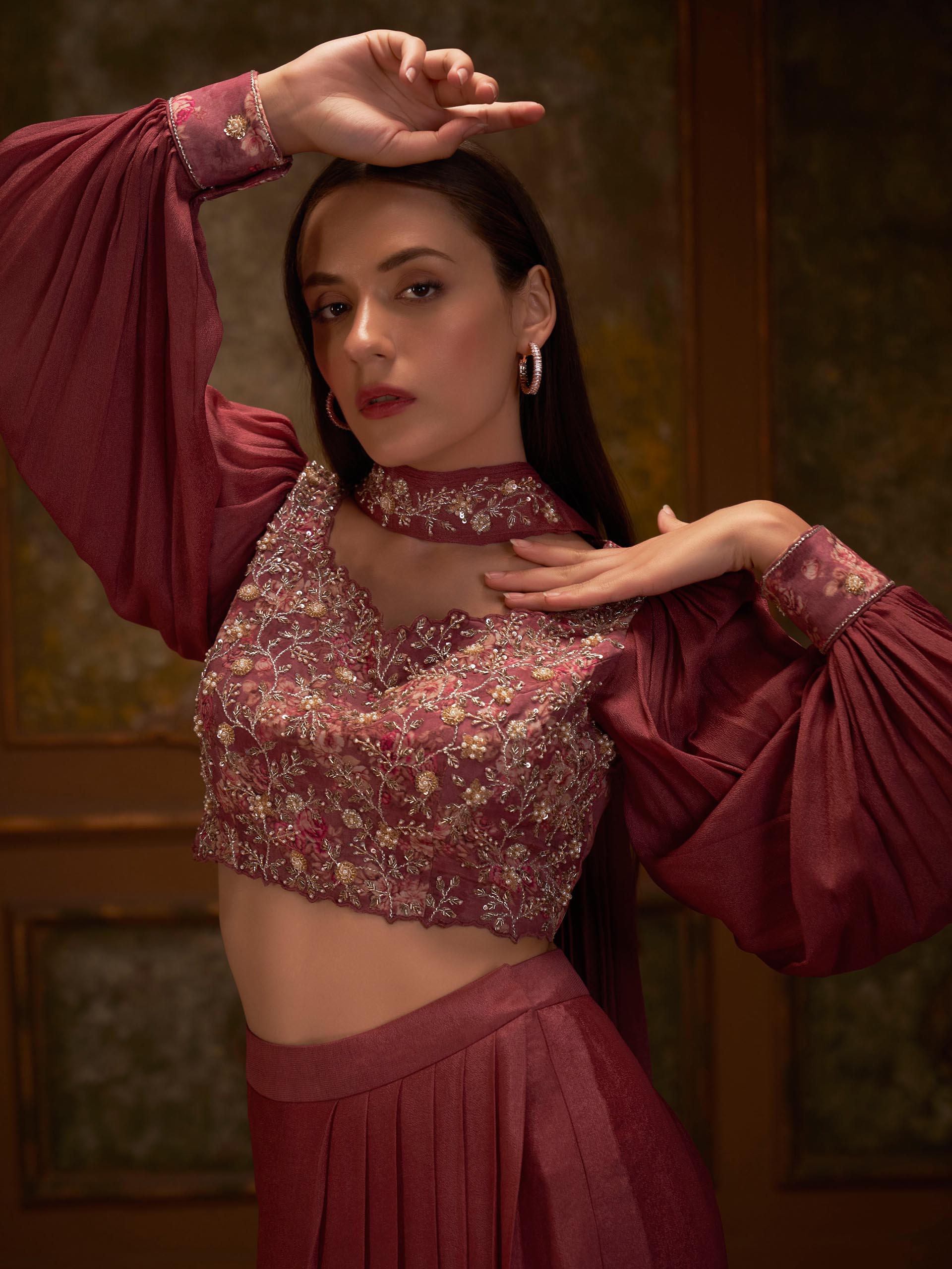 Mauve Pleated Drape Skirt Set image 4