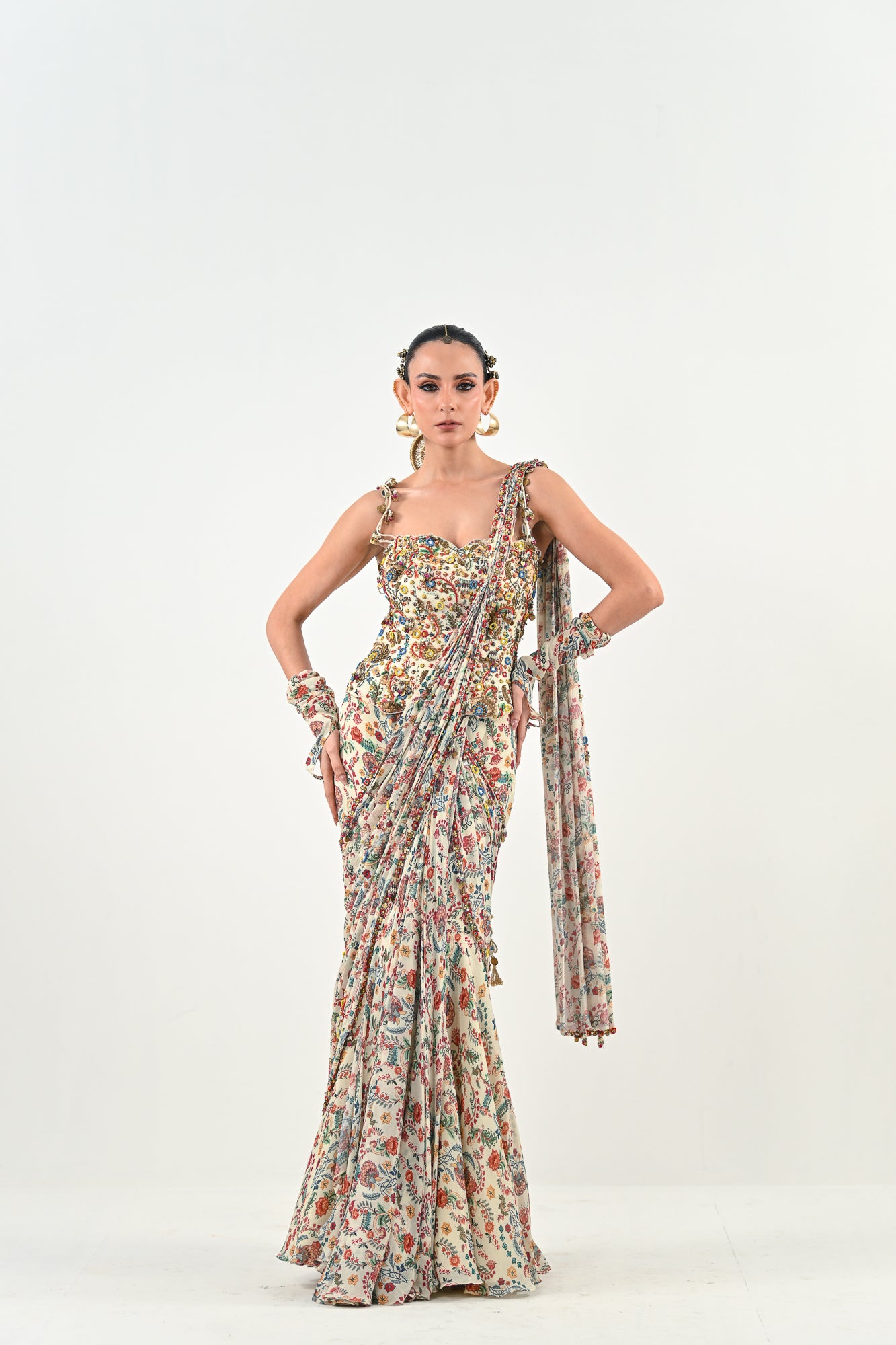 Highlighted Pre Stitched Peacock Saree Paired with Printed Highlighted Peacock Blouse - M image