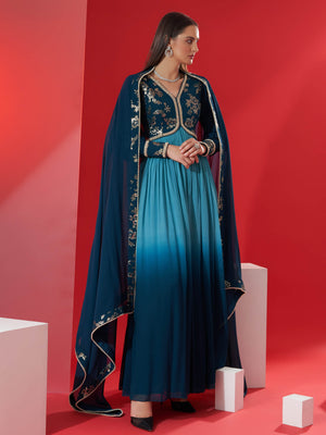 Teal Ombre Sequin Anarkali Set image 3