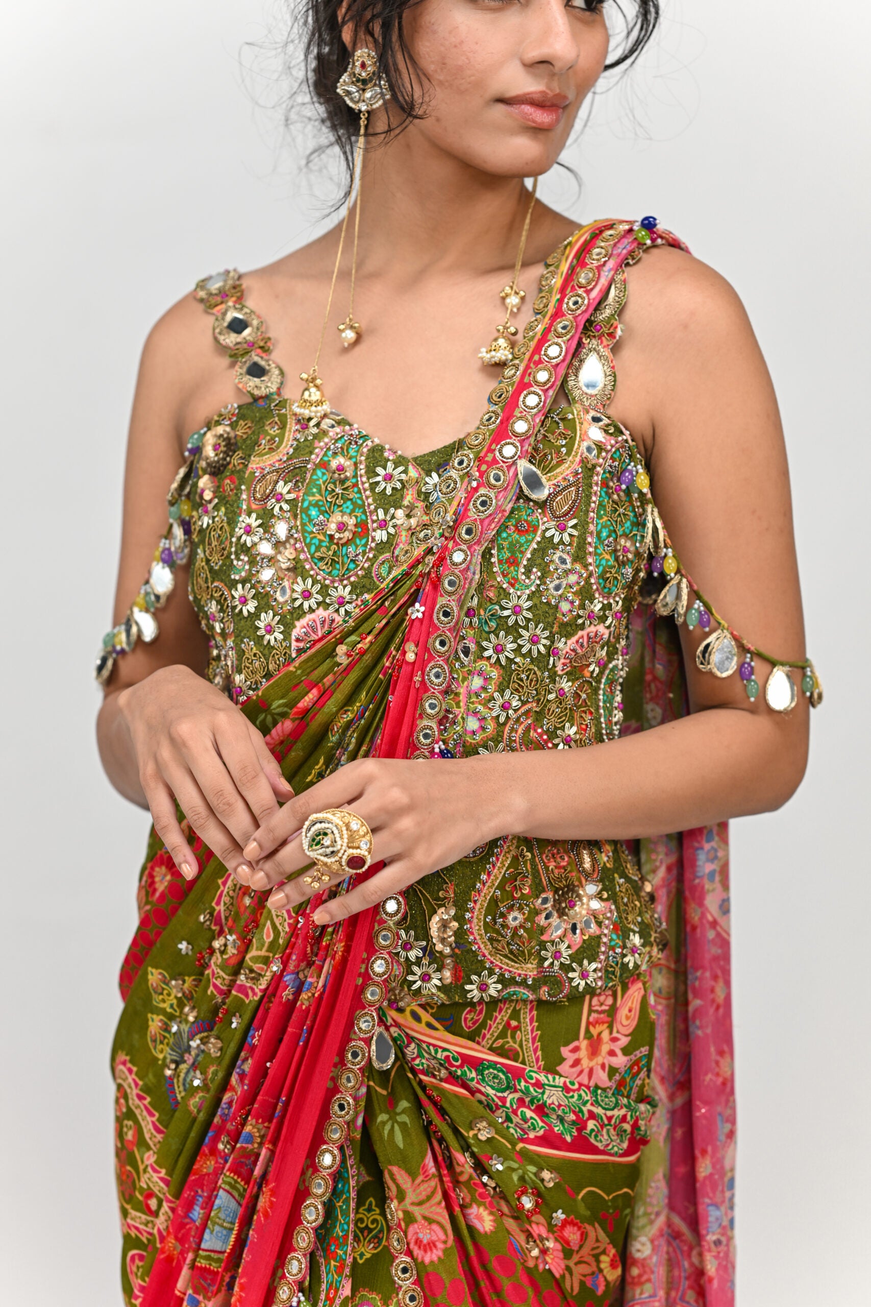 Olive Highlighted Dual Pre Stitched Saree with Green Badla Corset image 1