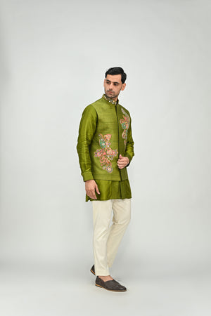 Olive Patch Bundi  Kurta Pant Set - M image