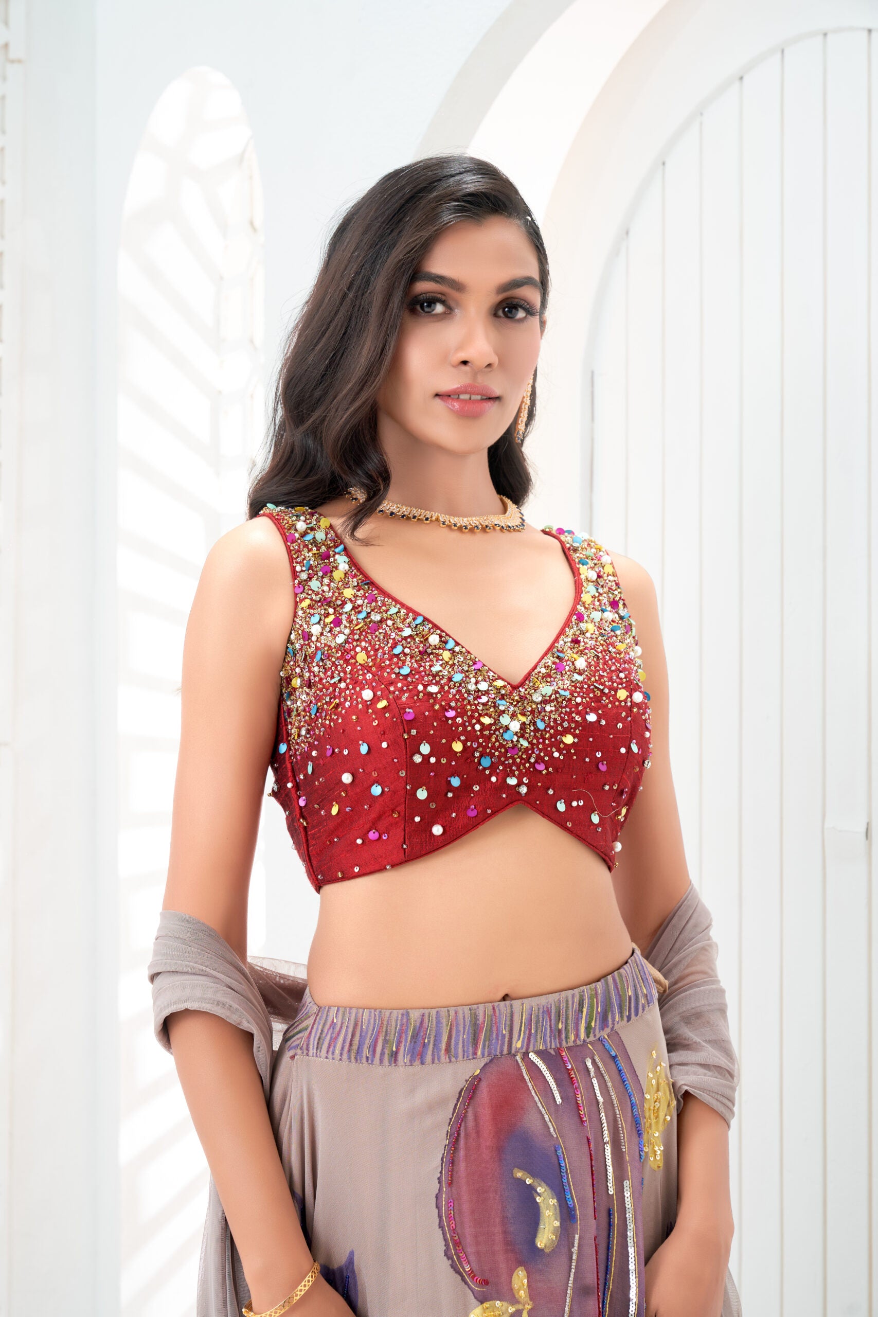 Mauve hand painted lehenga and embroidered Red blouse set image 3