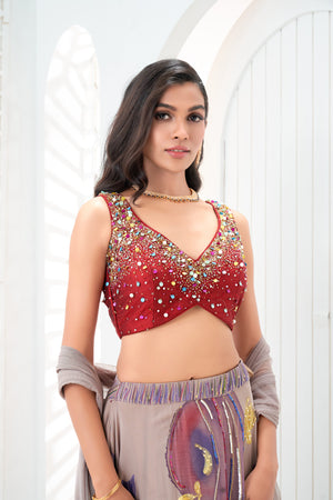 Mauve hand painted lehenga and embroidered Red blouse set image 3