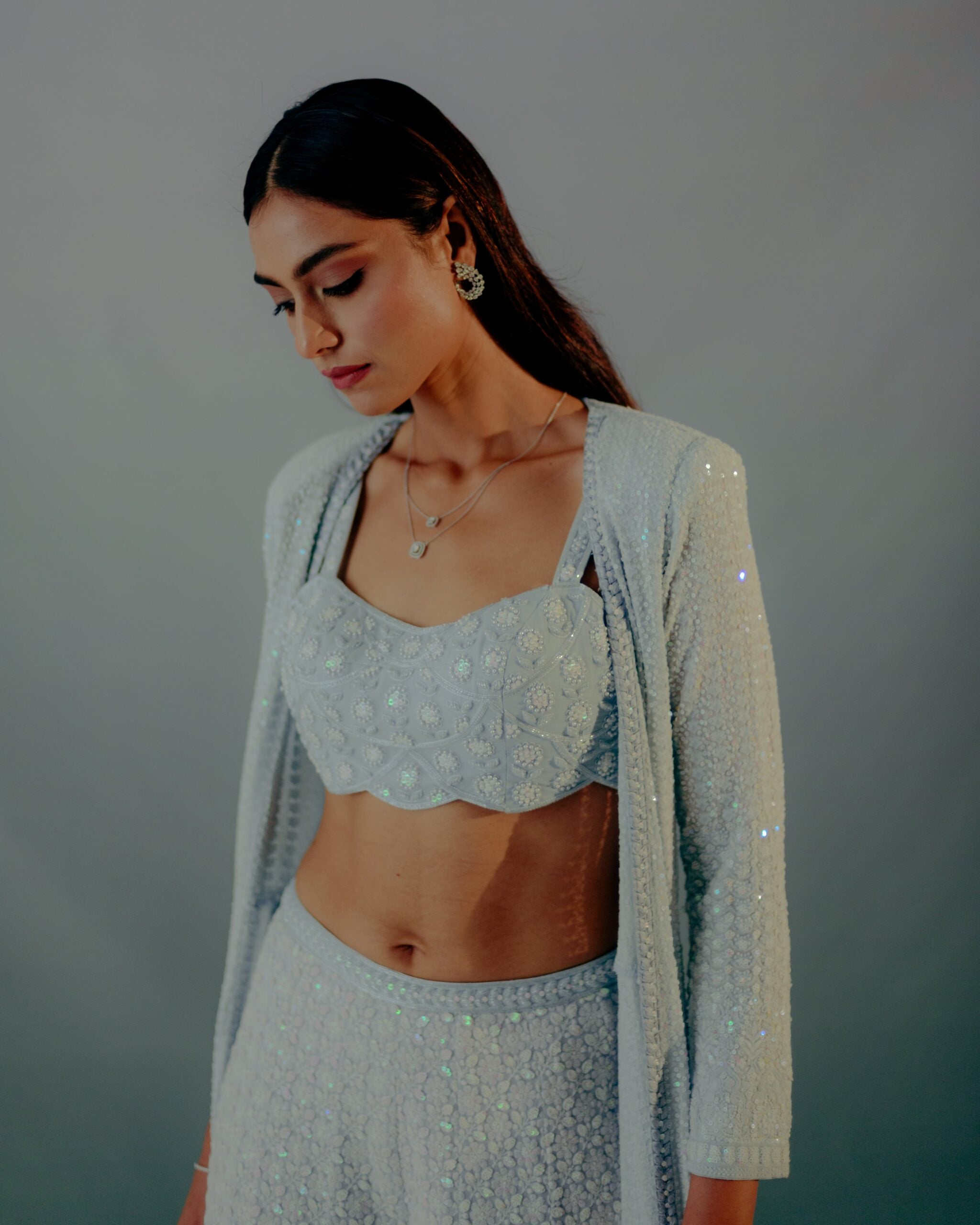 Baby Blue Lucknowi Sequin Saree Set image 1