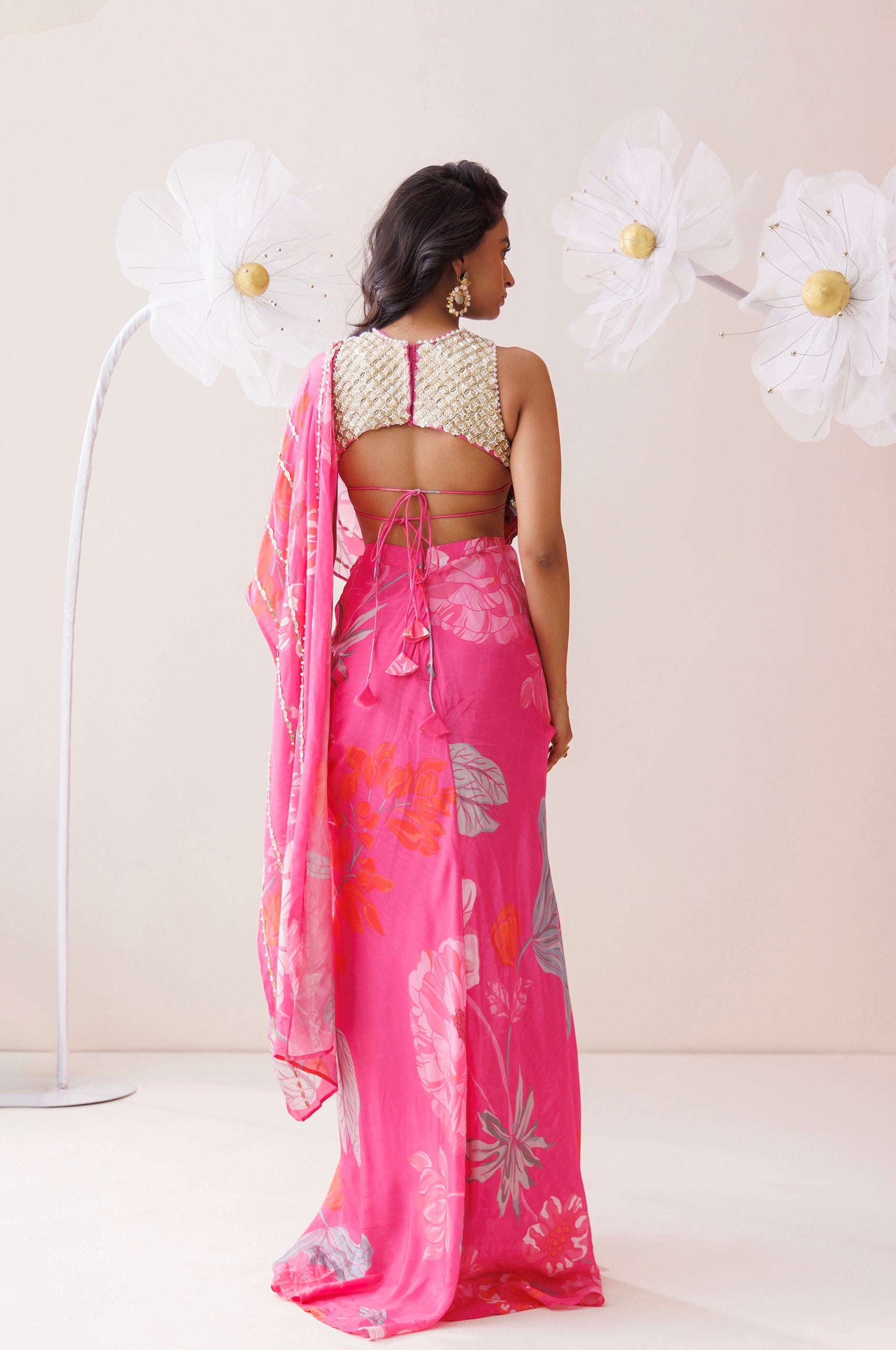 Pink and Golden Saree Style Co-ord Set image 1