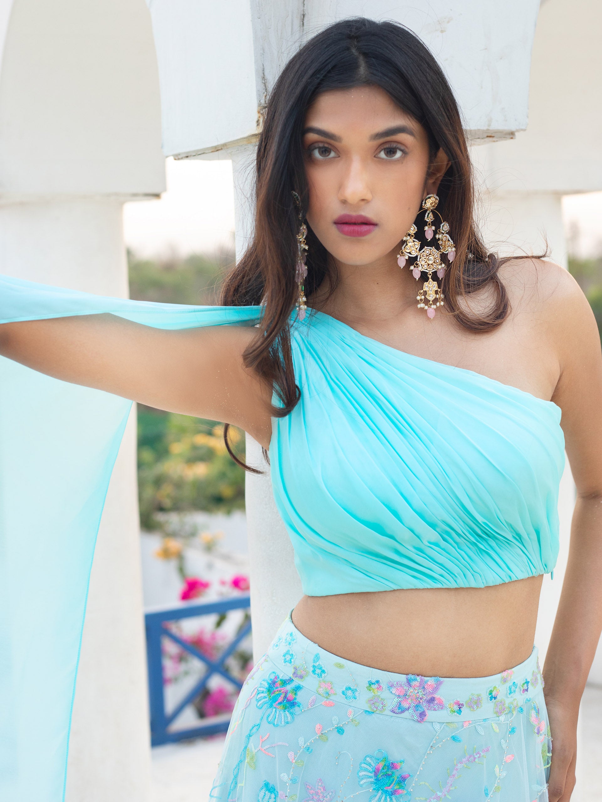 Blue Floral Multi Sequins Lehenga With Light Blue Drape Blouse image 3