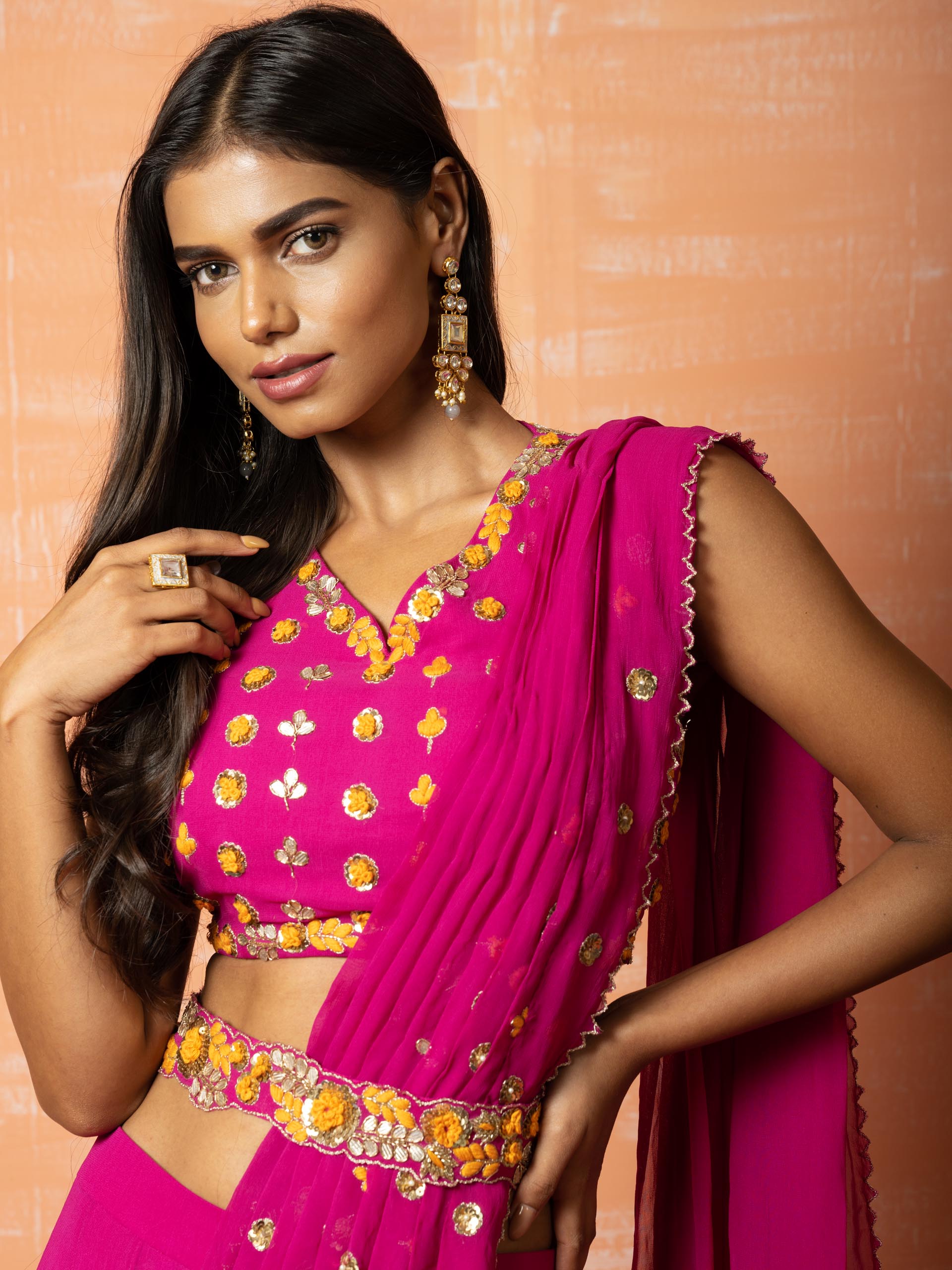 Pink Floral Sharara Saree Set image 3