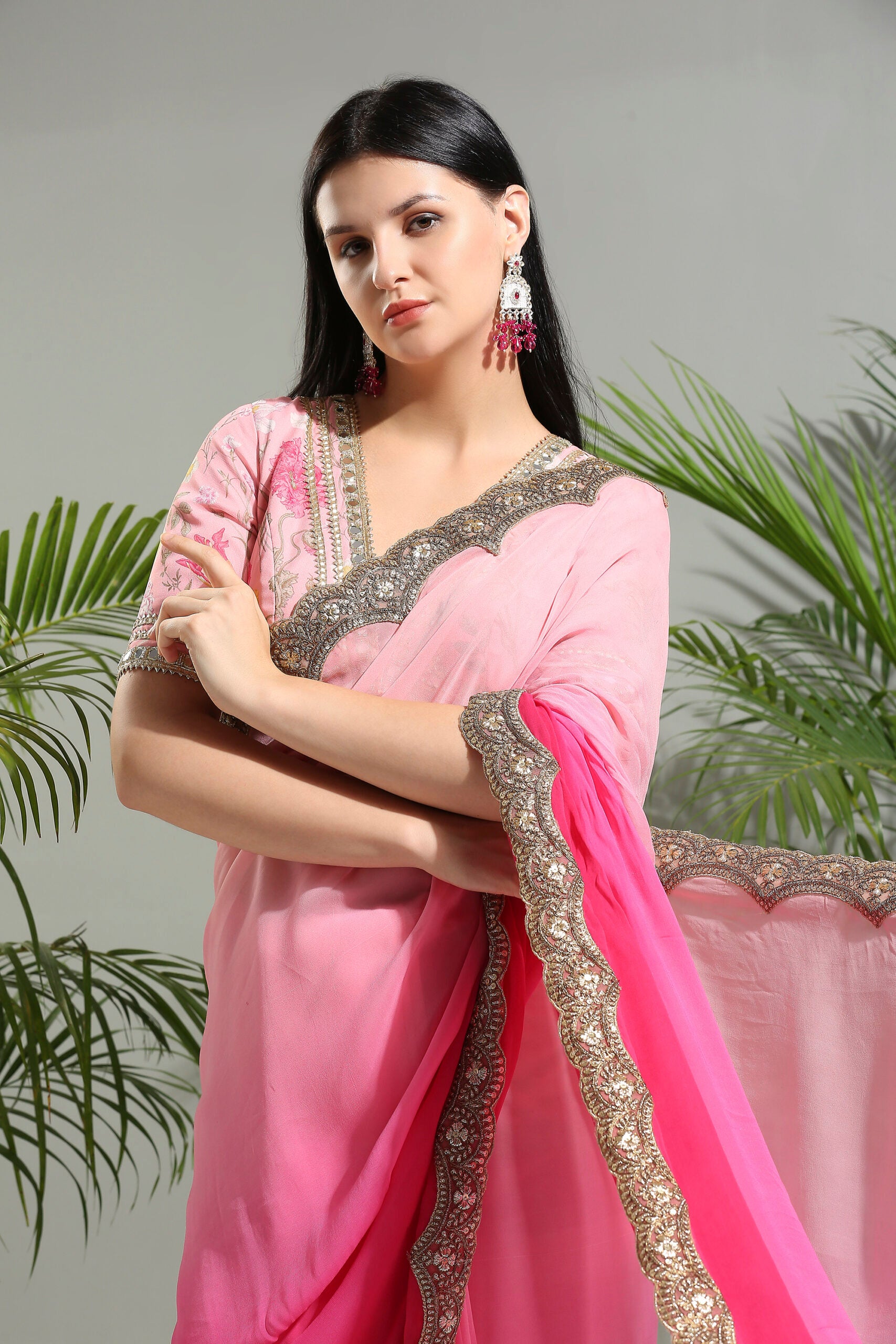 Pink Shaded Saree With Floral Blouse image 6