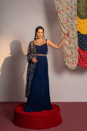 Royal Blue Printed And Embroidered Anarkali Suit Set image 2