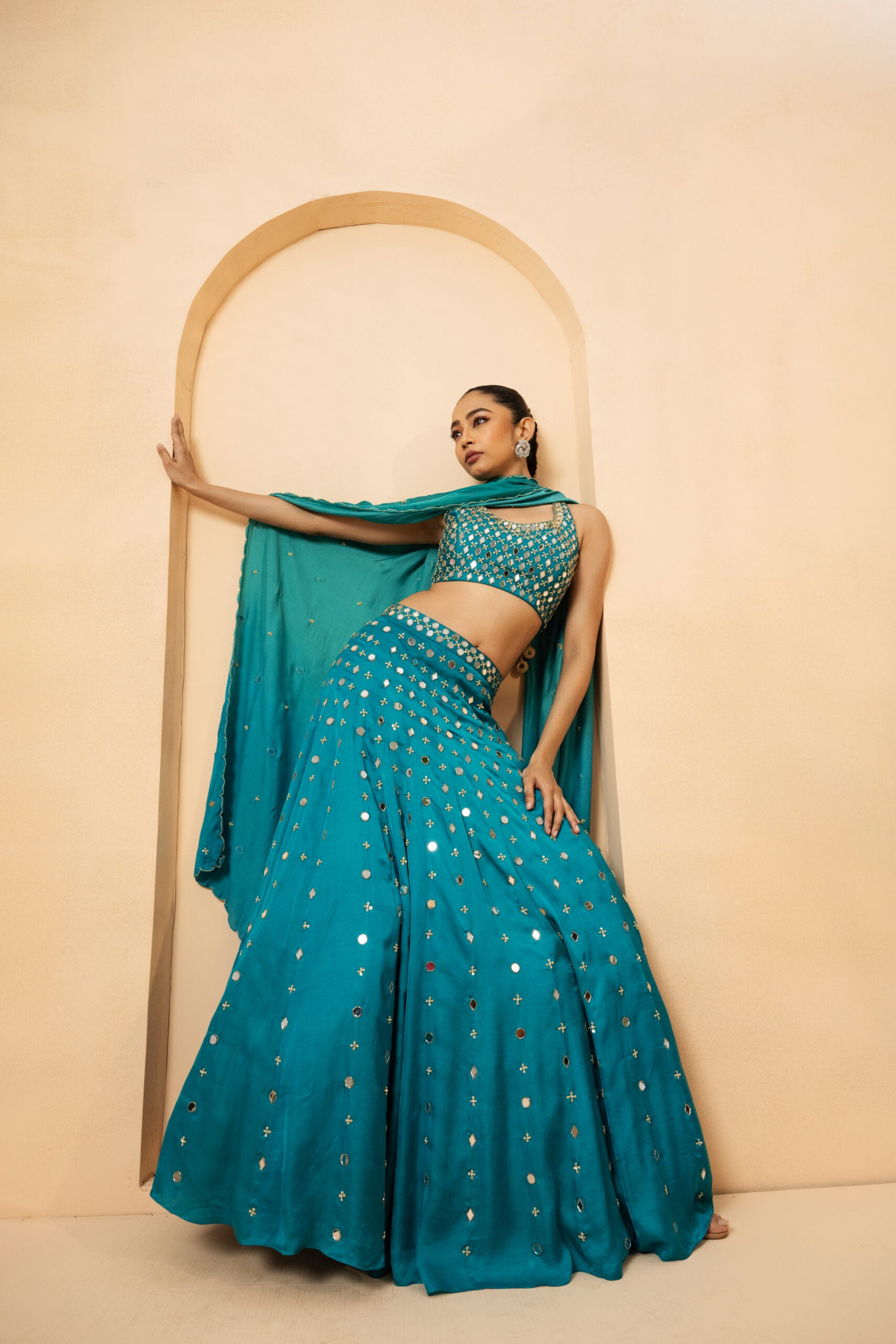 Turquoise Mirror and Pearl Embellished Lehenga image 0
