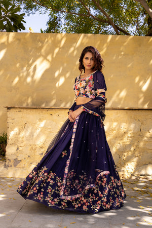 Purple Floral Georgette Embroidered Lehenga Set - M image