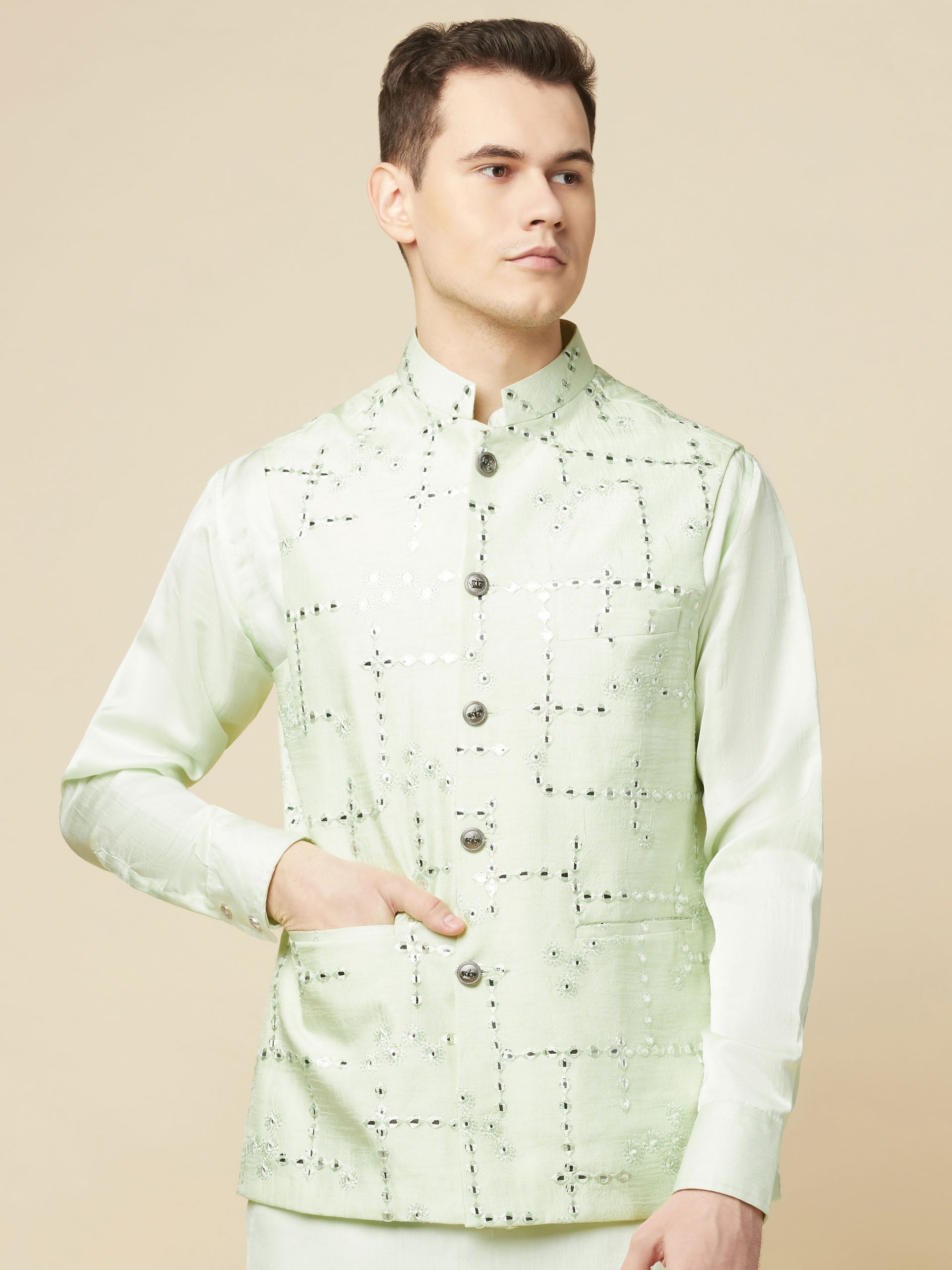Mint Green Kurta Bundi Jacket Set image 0