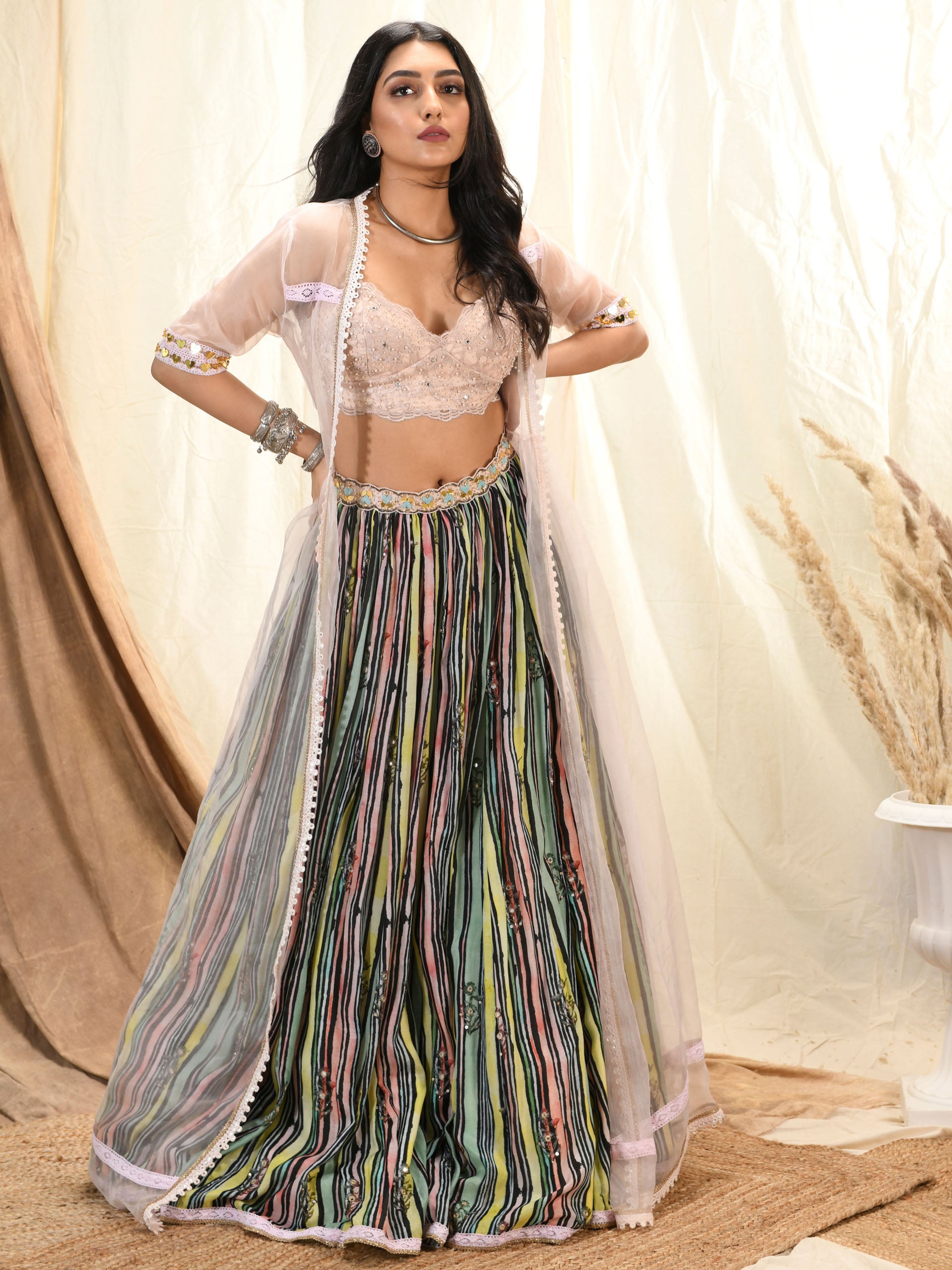 Multicolor Stripe Print Lehenga Set With Cape image 6