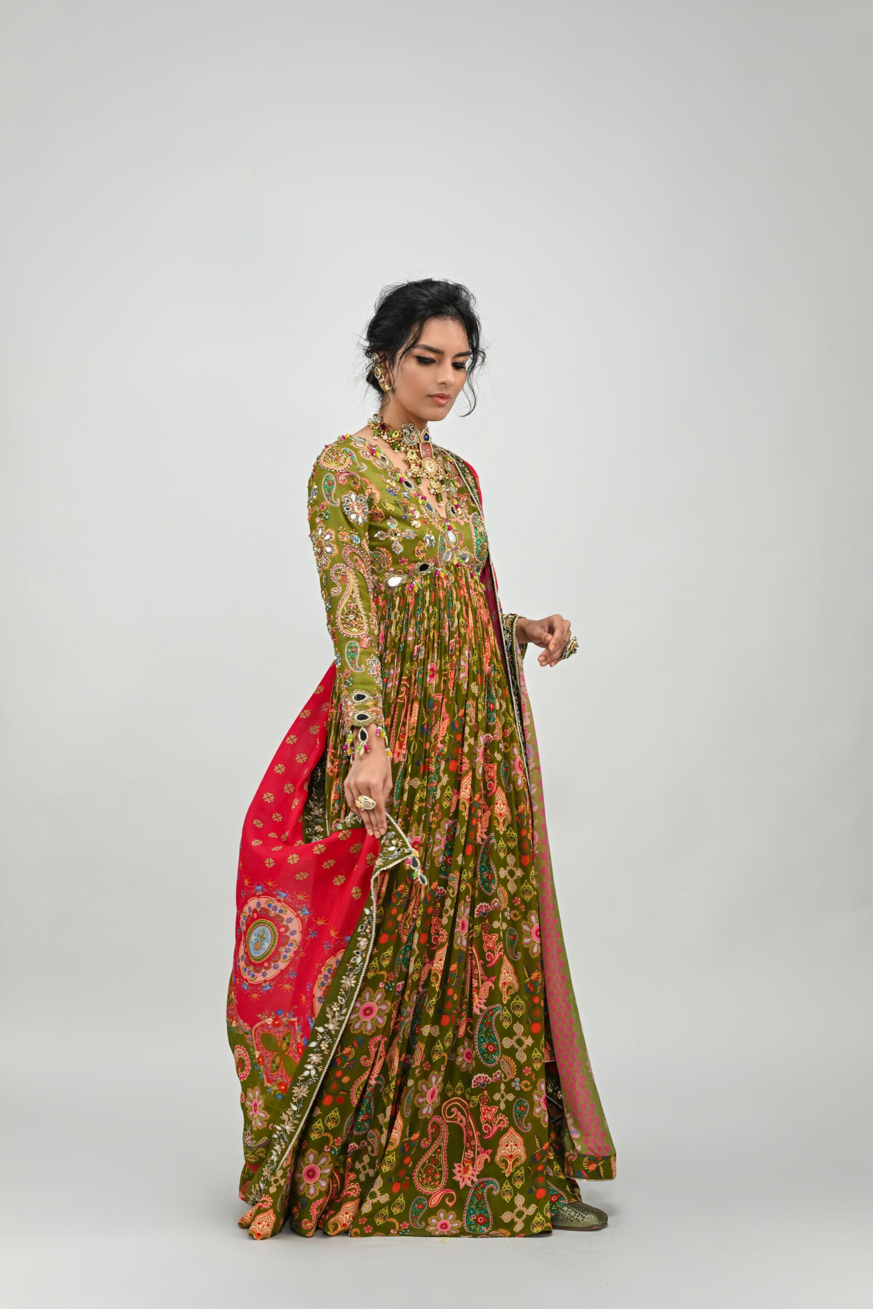 Olive Green Highlighted Anarkali Paired with Dual Print Dupatta image 4