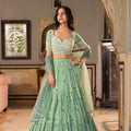 Green Embroidered Georgette Crepe Layered Lehenga Set image 0