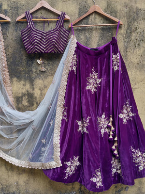 Purple Velvet Lehenga set with Ivory Dupatta image 1