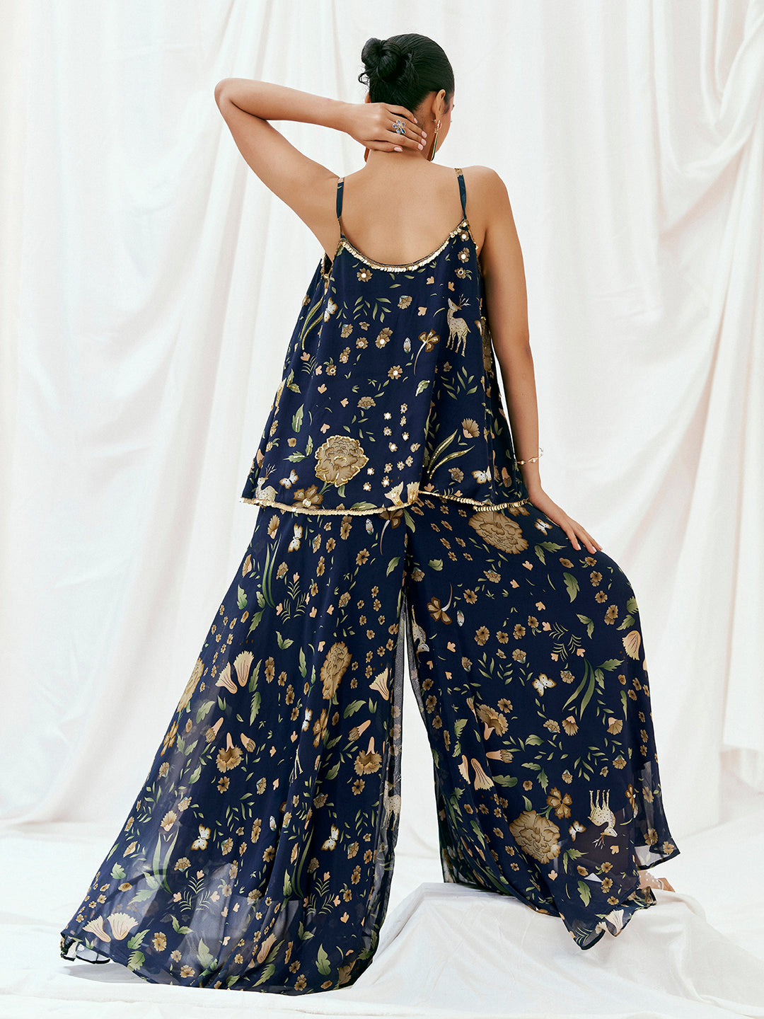 Navy Blue Printed Embroidered Peplum Sharara Set image 5