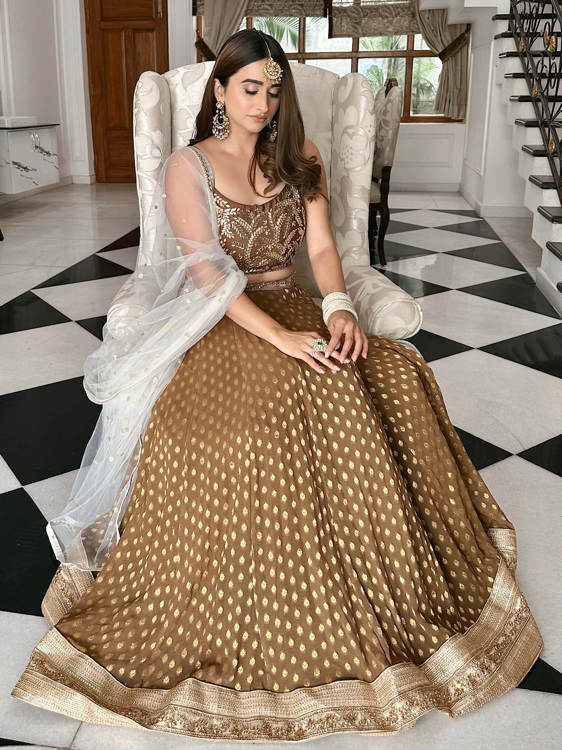 Olive Brown Leaf Lehenga Set image 2