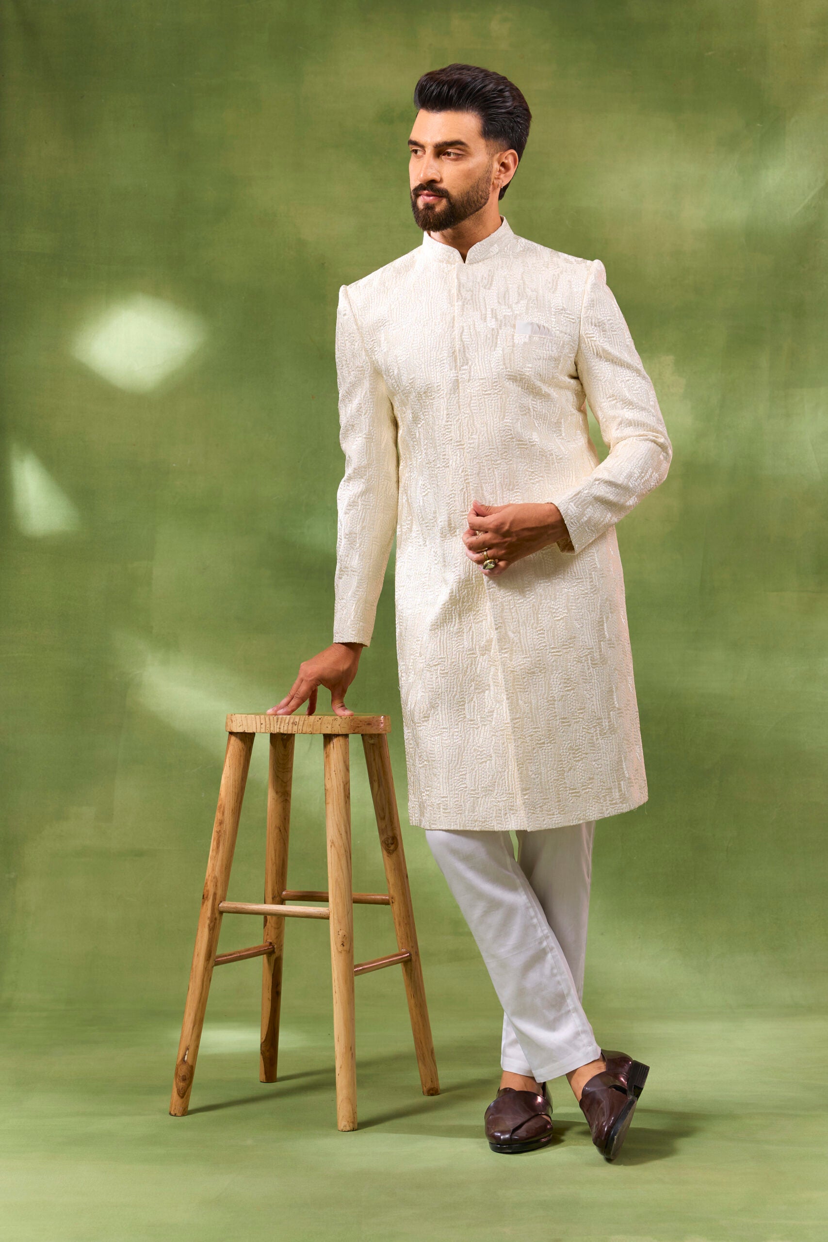 Ivory Embroidered Sherwani Set - XL image
