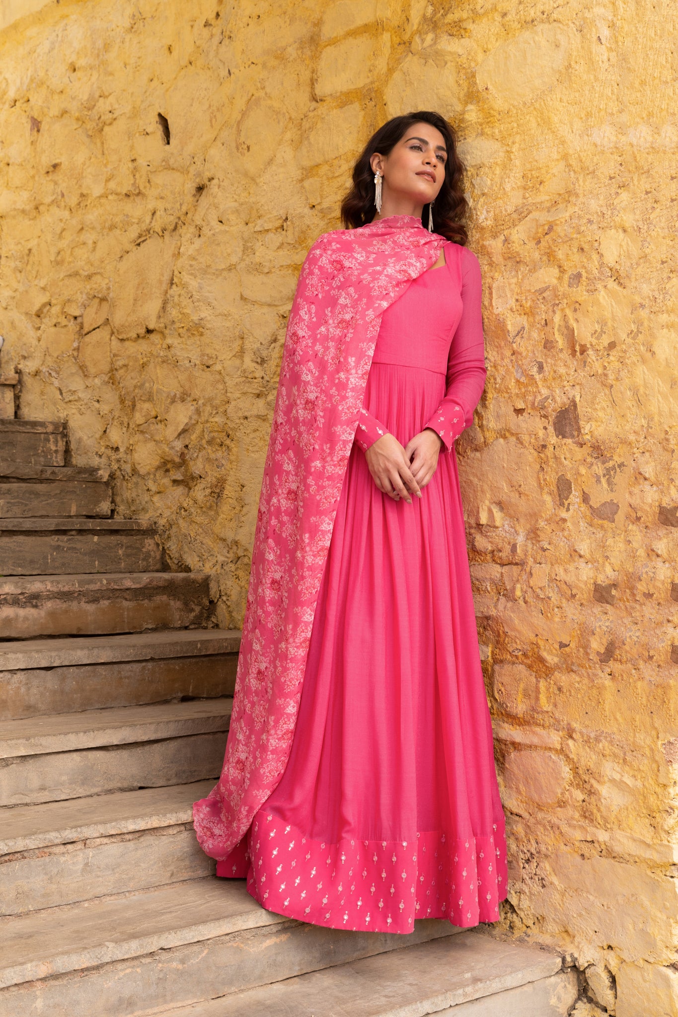Fuchsia Pink Mirror Details Anarkali Set image 0