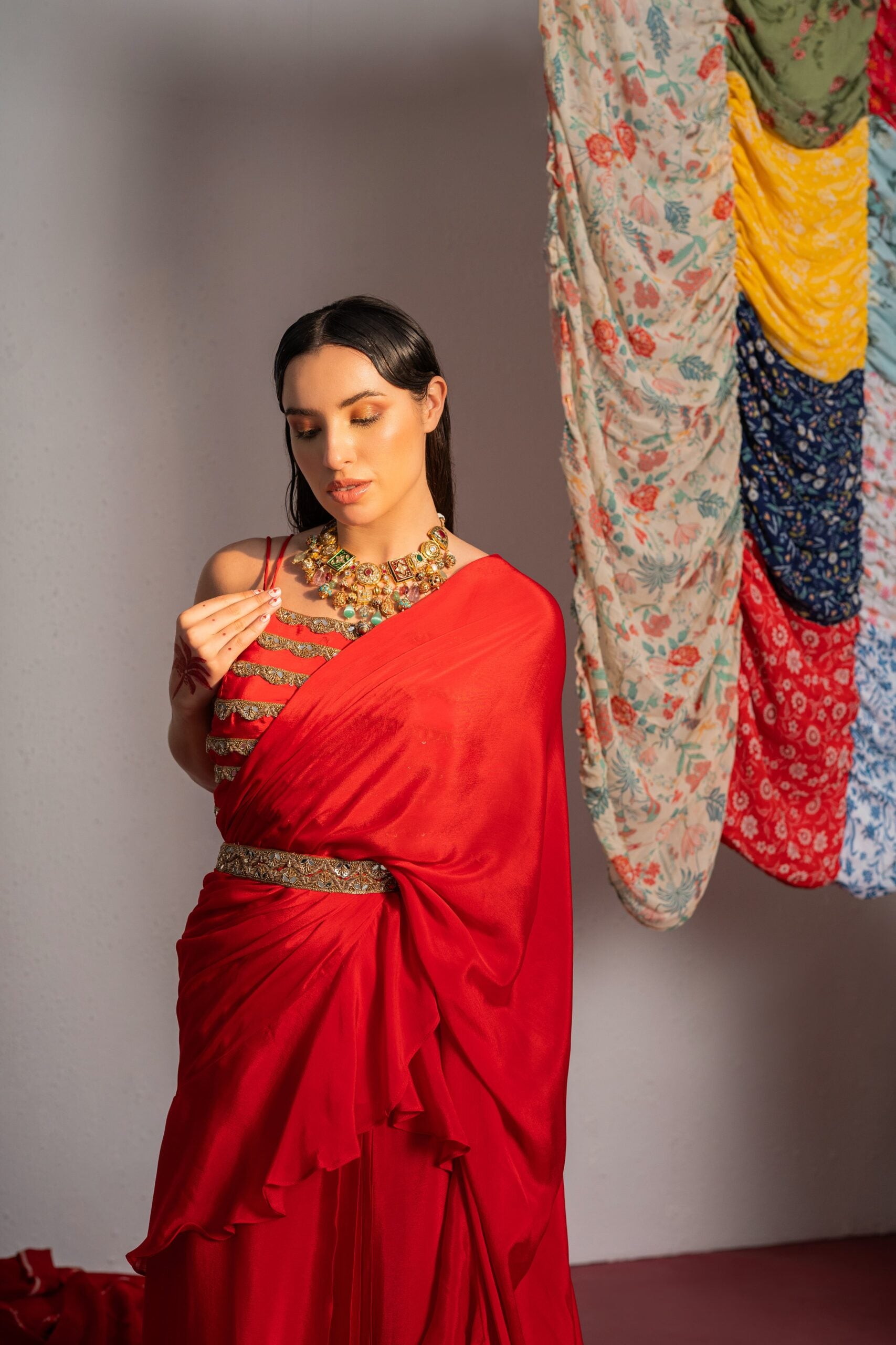 Red Embroidered Drape Saree Set image 5