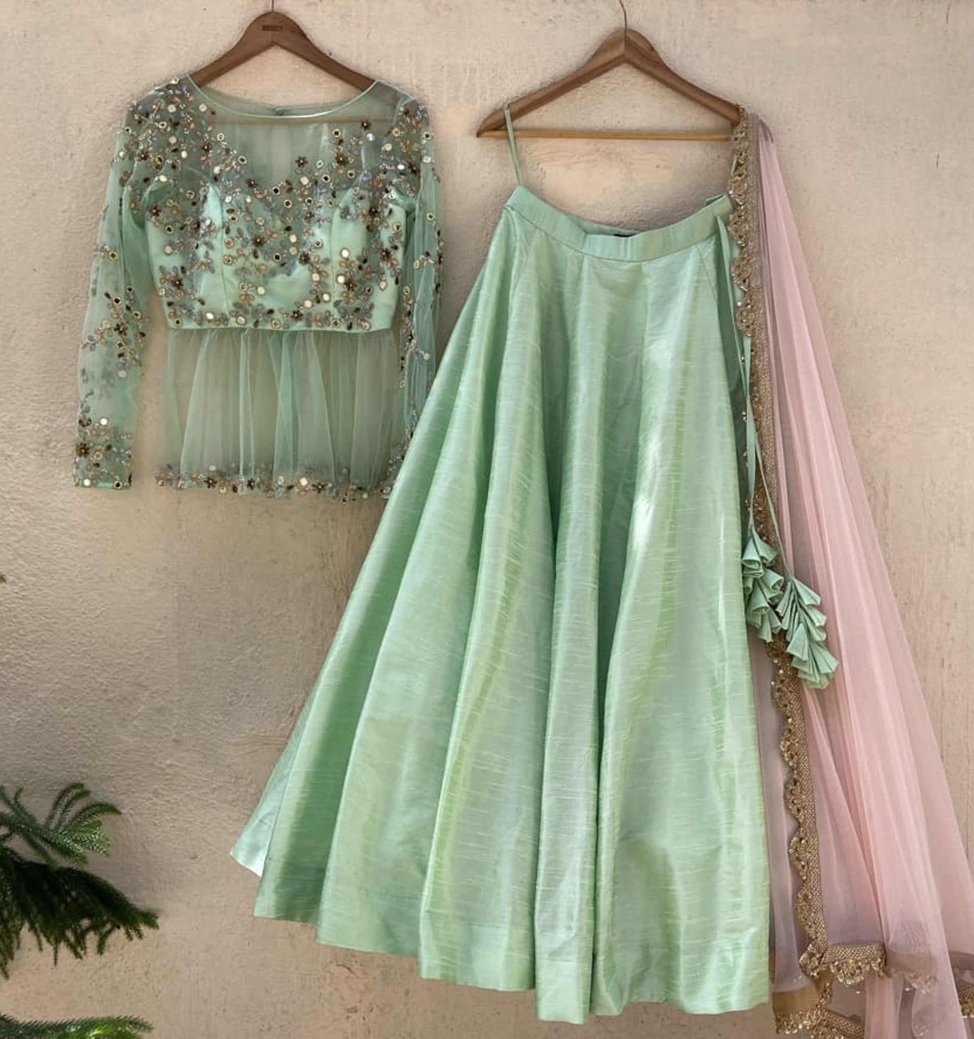 Mint Green Lehenga with Powder Pink Dupatta image 0