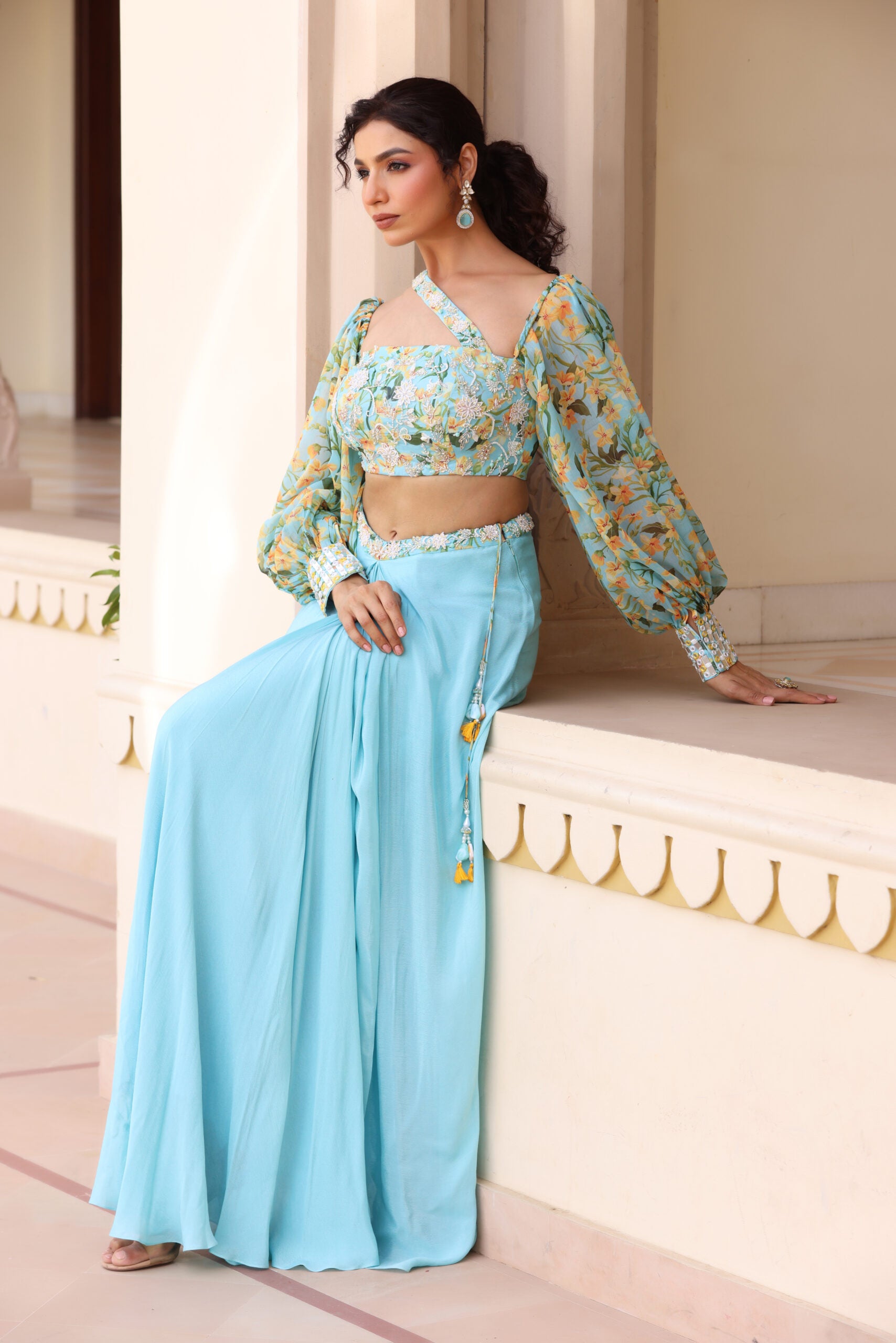Embroidered Drape Skirt Set image 9