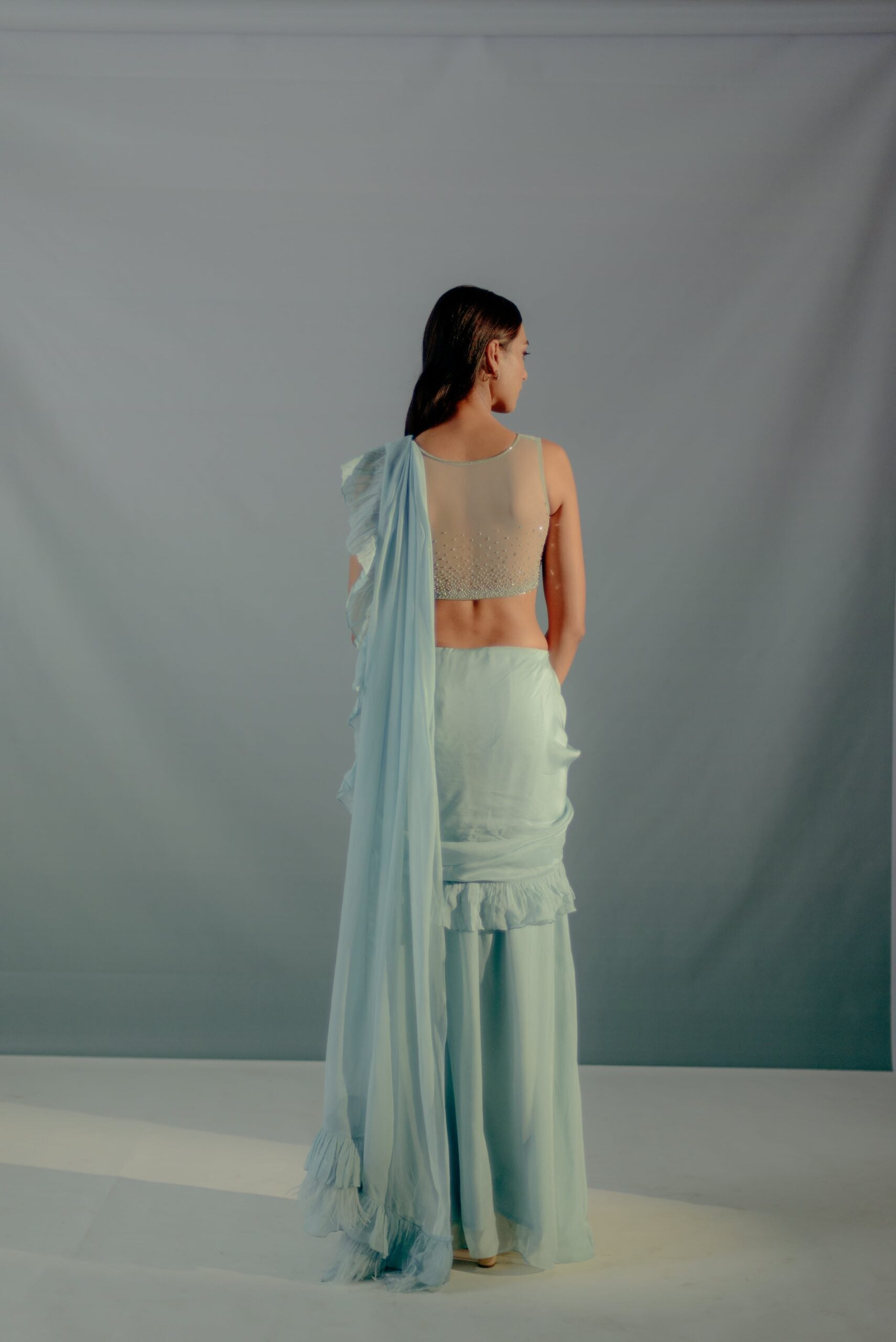 Baby Blue Feather Details Saree Set image 5