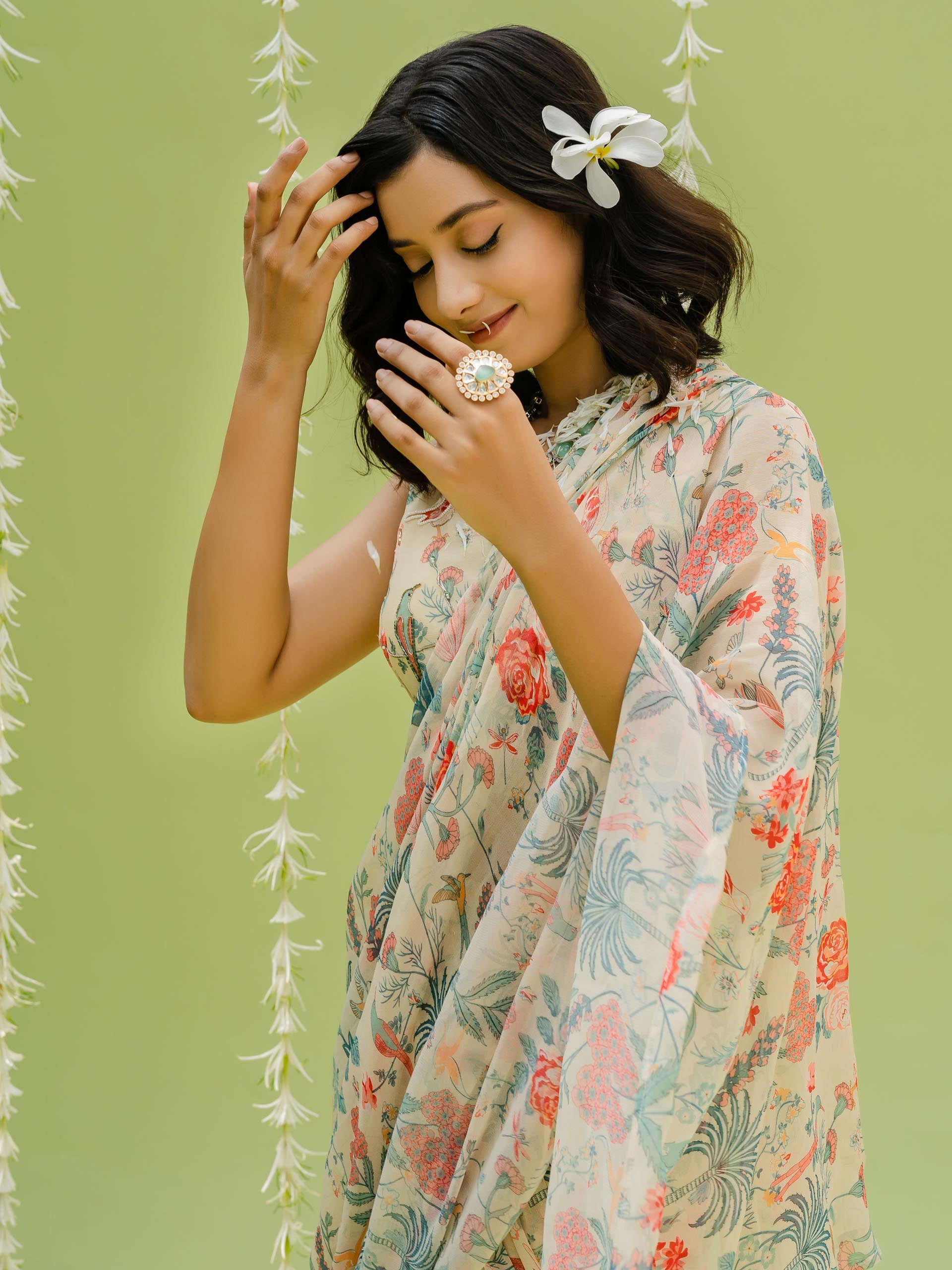 Tropical Print Pre Draped Saree Set image 6