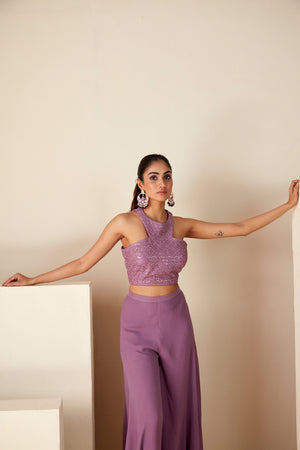 Embroidered Mauve Crop Top and Flared Pants Set image 2