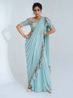 Pre Drape Light Blue Ruffle Saree Set - L image