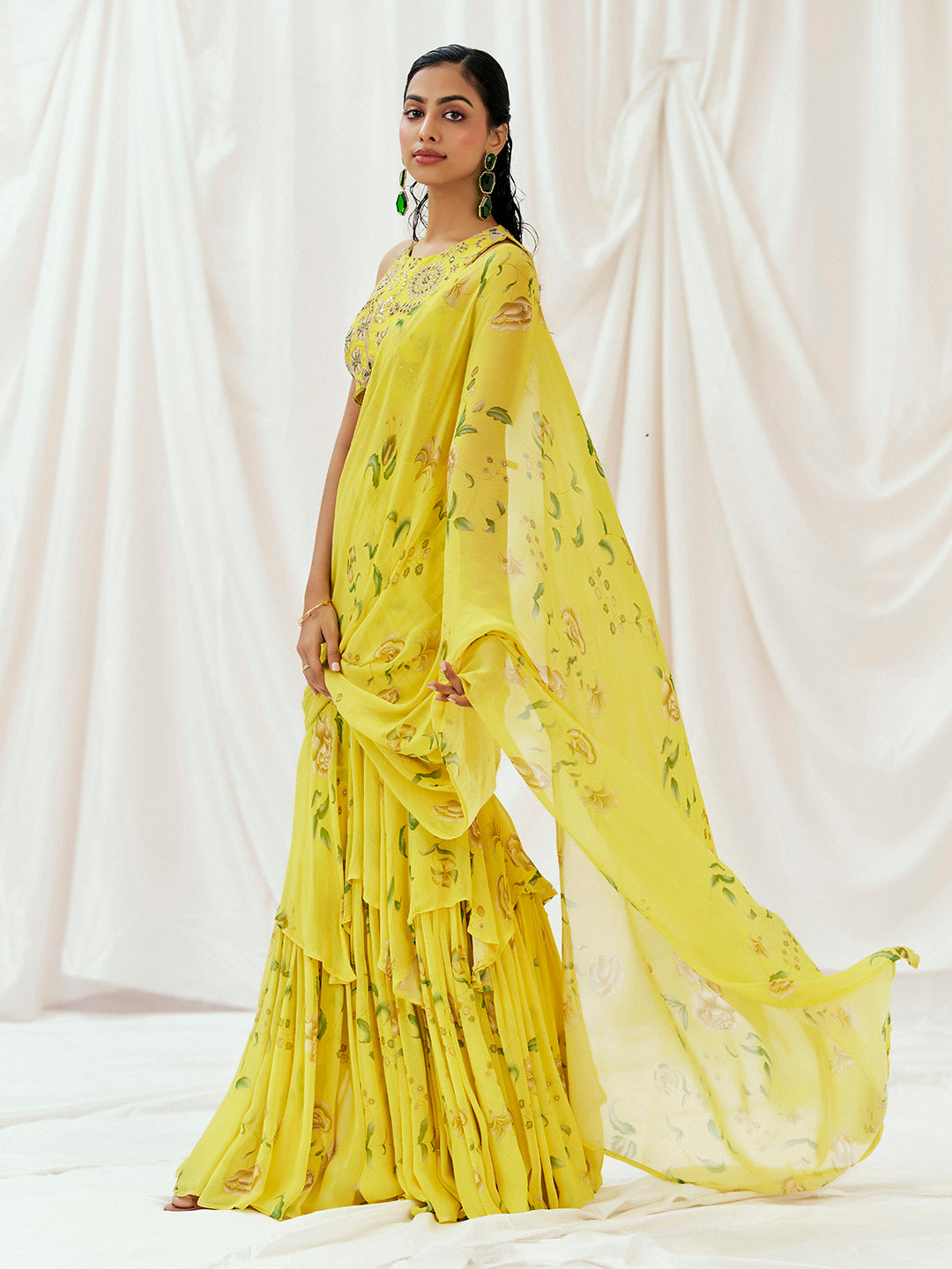 Bright Yellow Printed Embroidered Drape Skirt Set with Jacket image 8