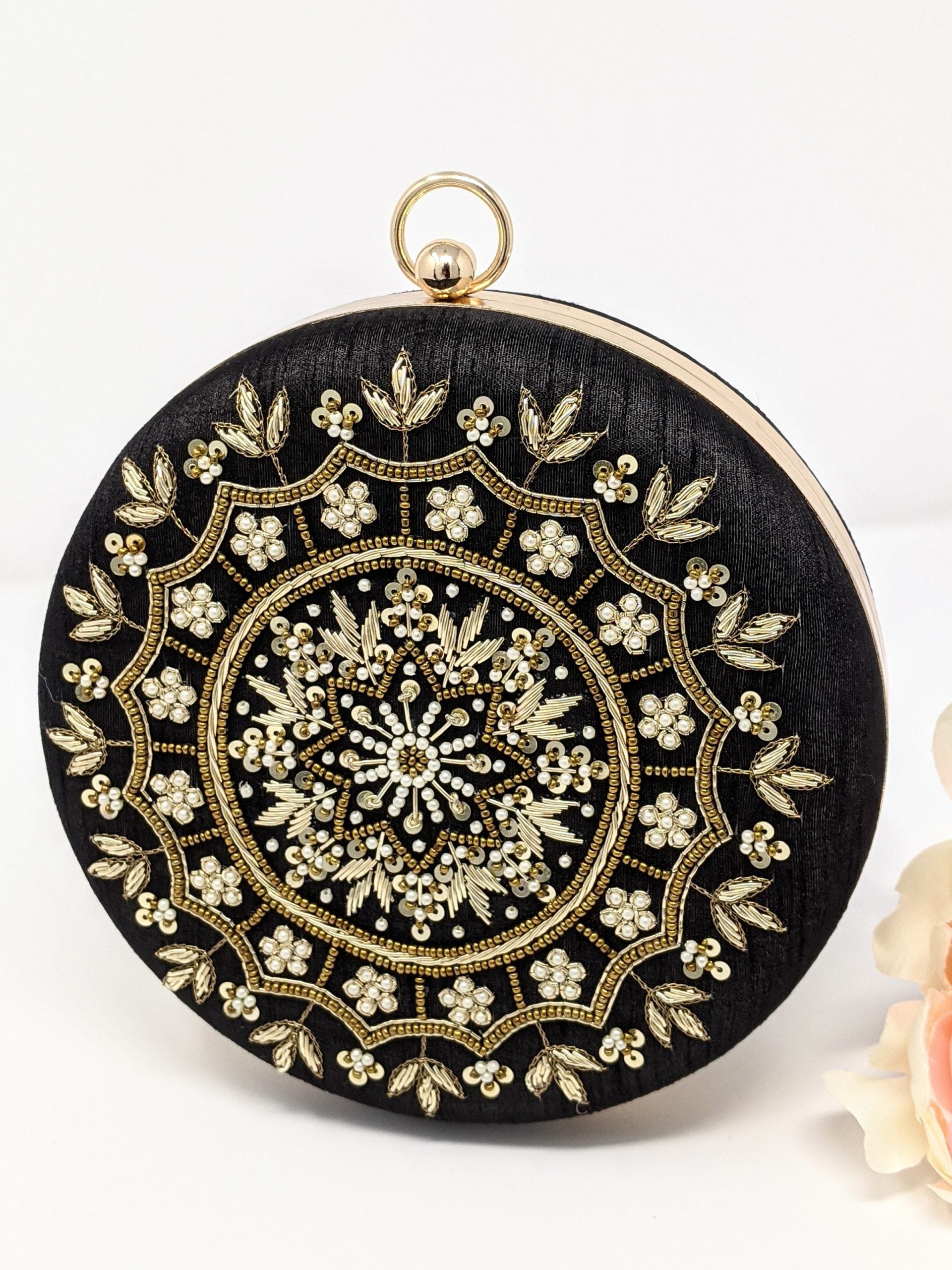 Black Round Embroidered Clutch image 0