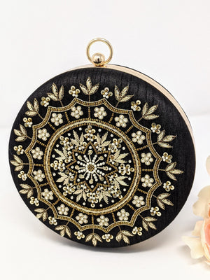 Black Round Embroidered Clutch image 0