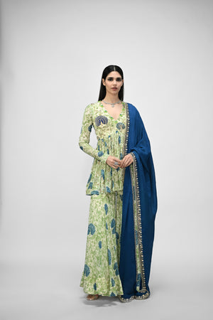 Peacock Highlighted Peplum Kurta Paired with Peacock Sharara Pants With Embroidered Dupatta - L image