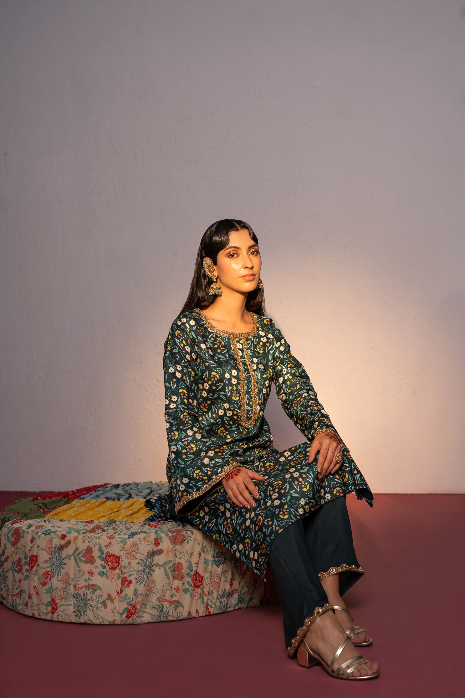 Royal Green Printed And Embroidered Kurta Set image 1