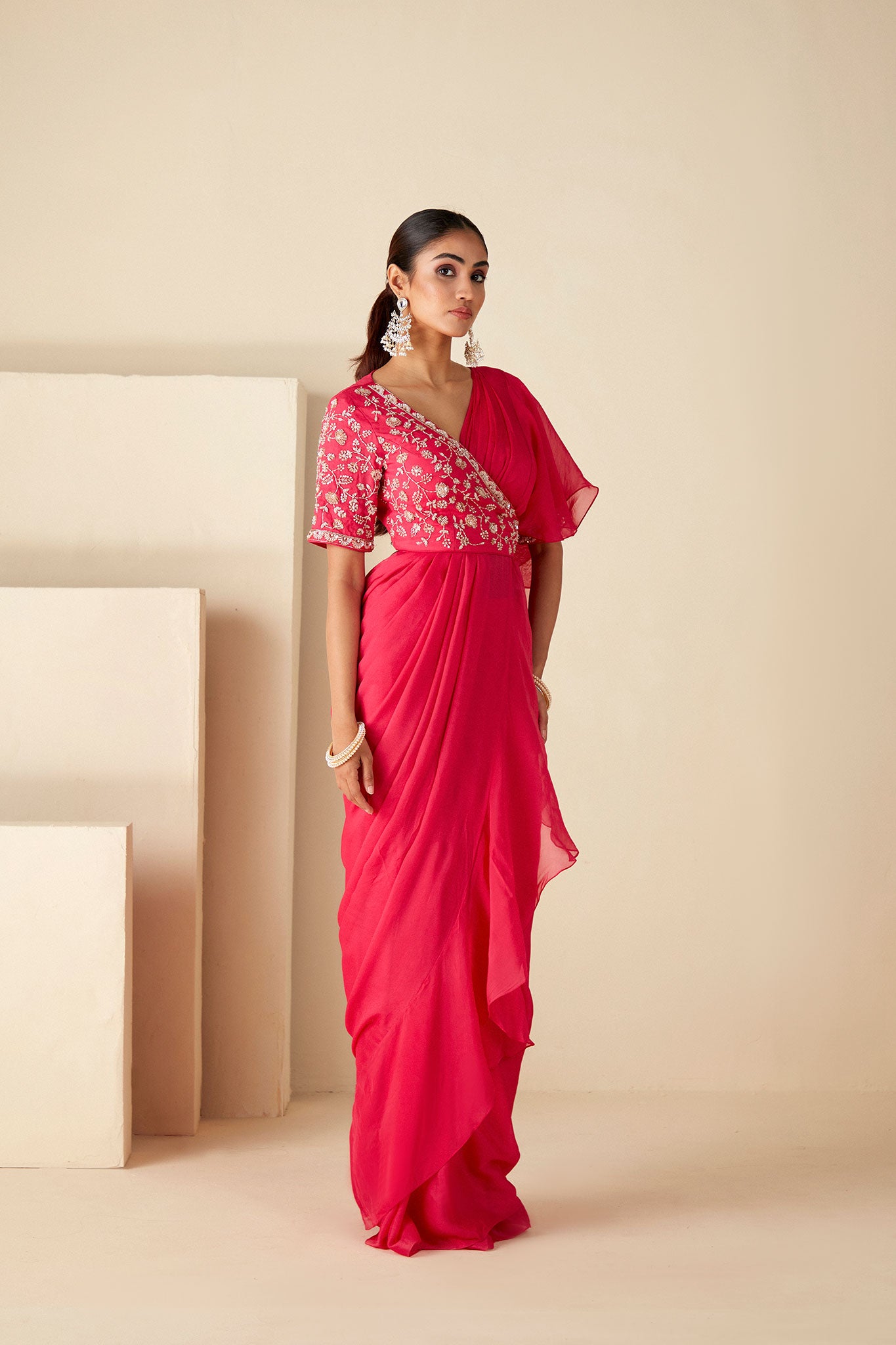 Pink Ruffle Pre-Drape Saree image 5