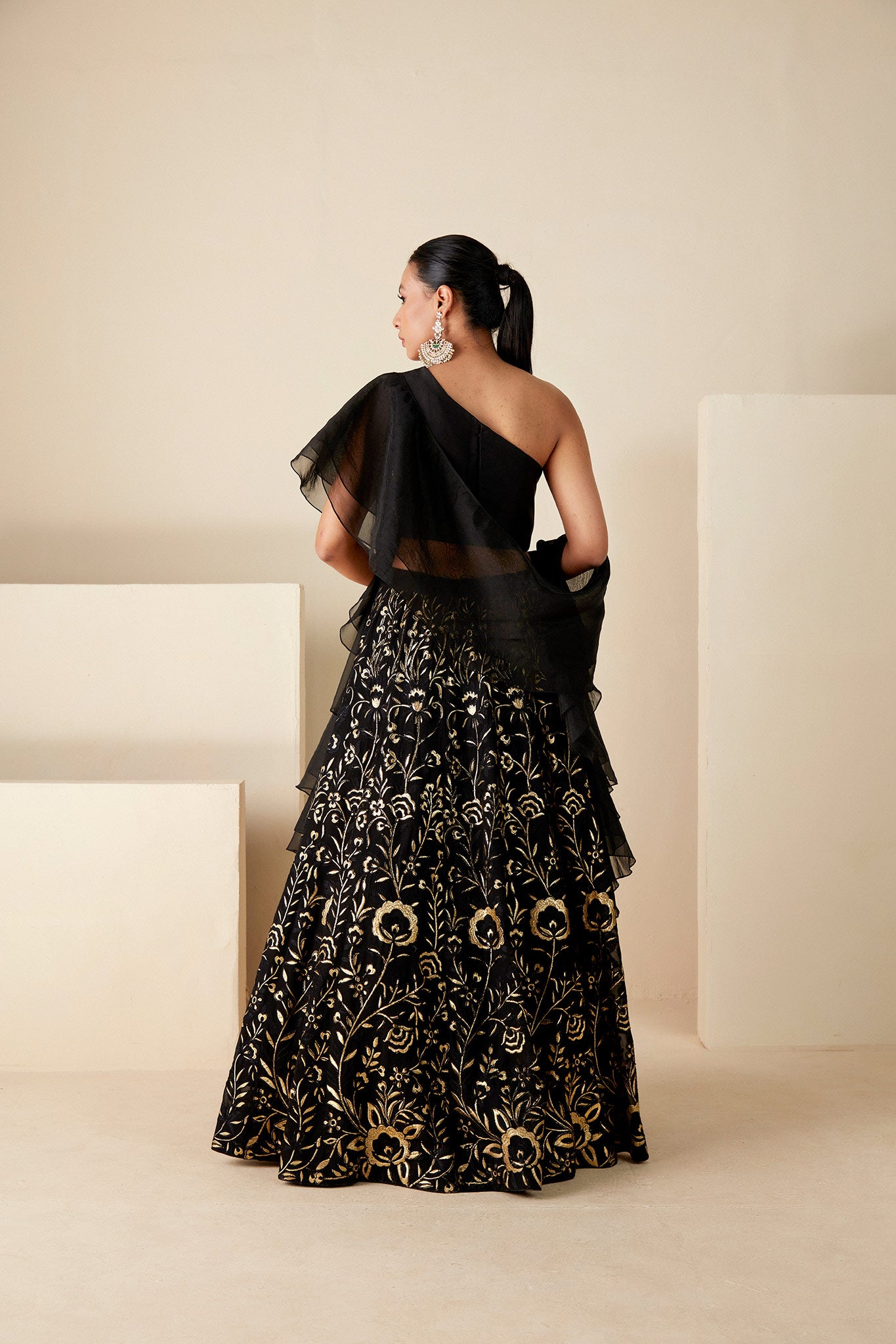 Black Georgette One Shoulder Lehenga Set image 4