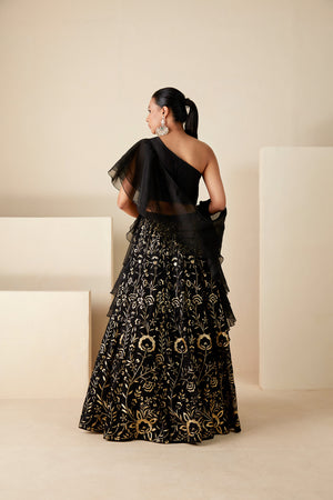 Black Georgette One Shoulder Lehenga Set image 4