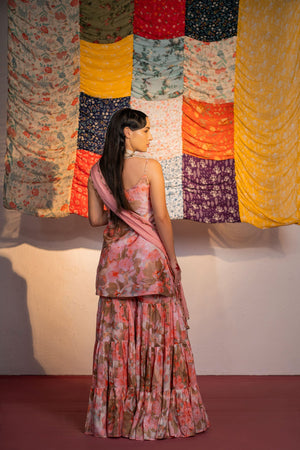 Coral Pink Embroidered And Printed Sharara Set image 4