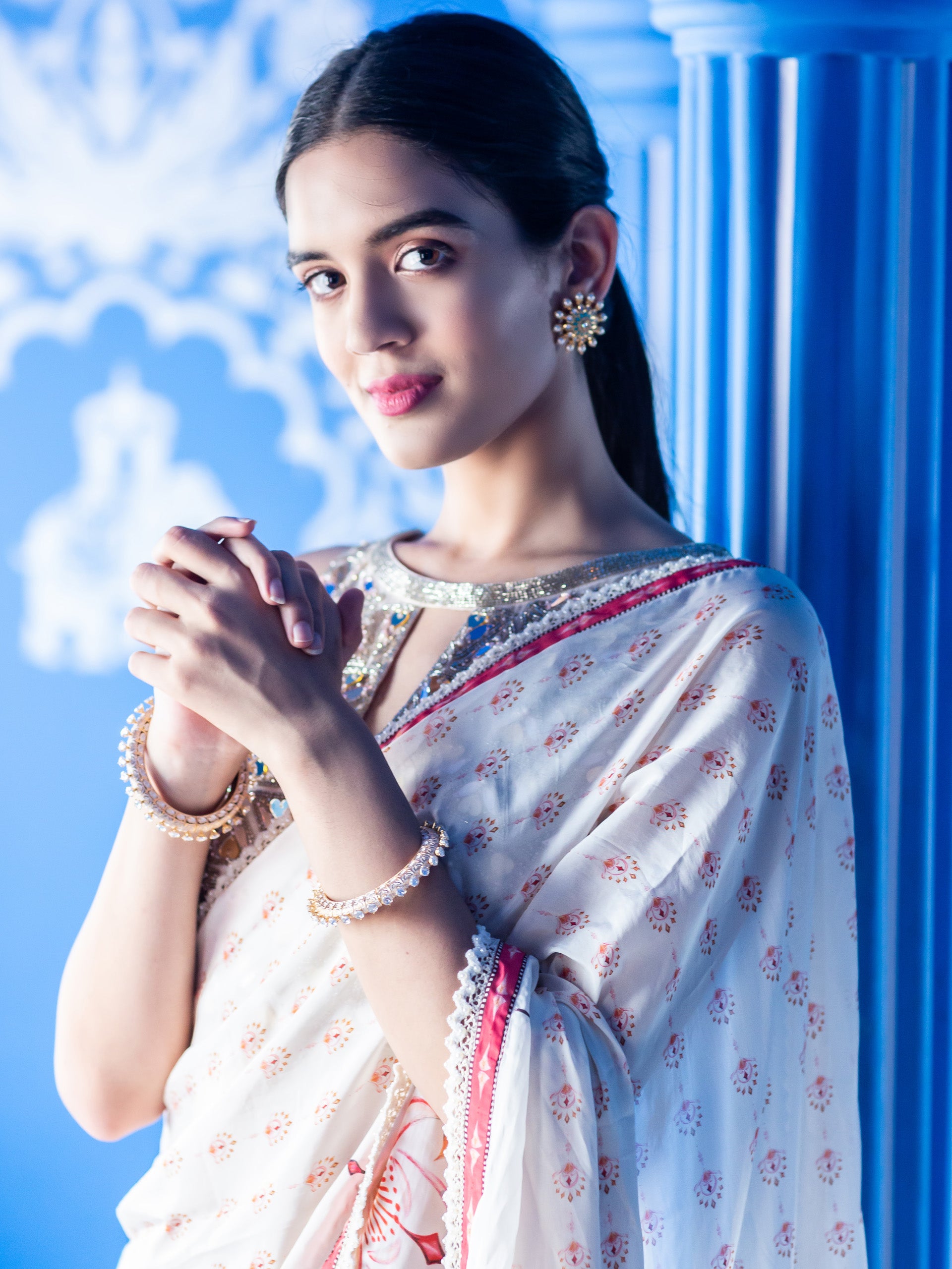 Ivory Print Saree Set image 2
