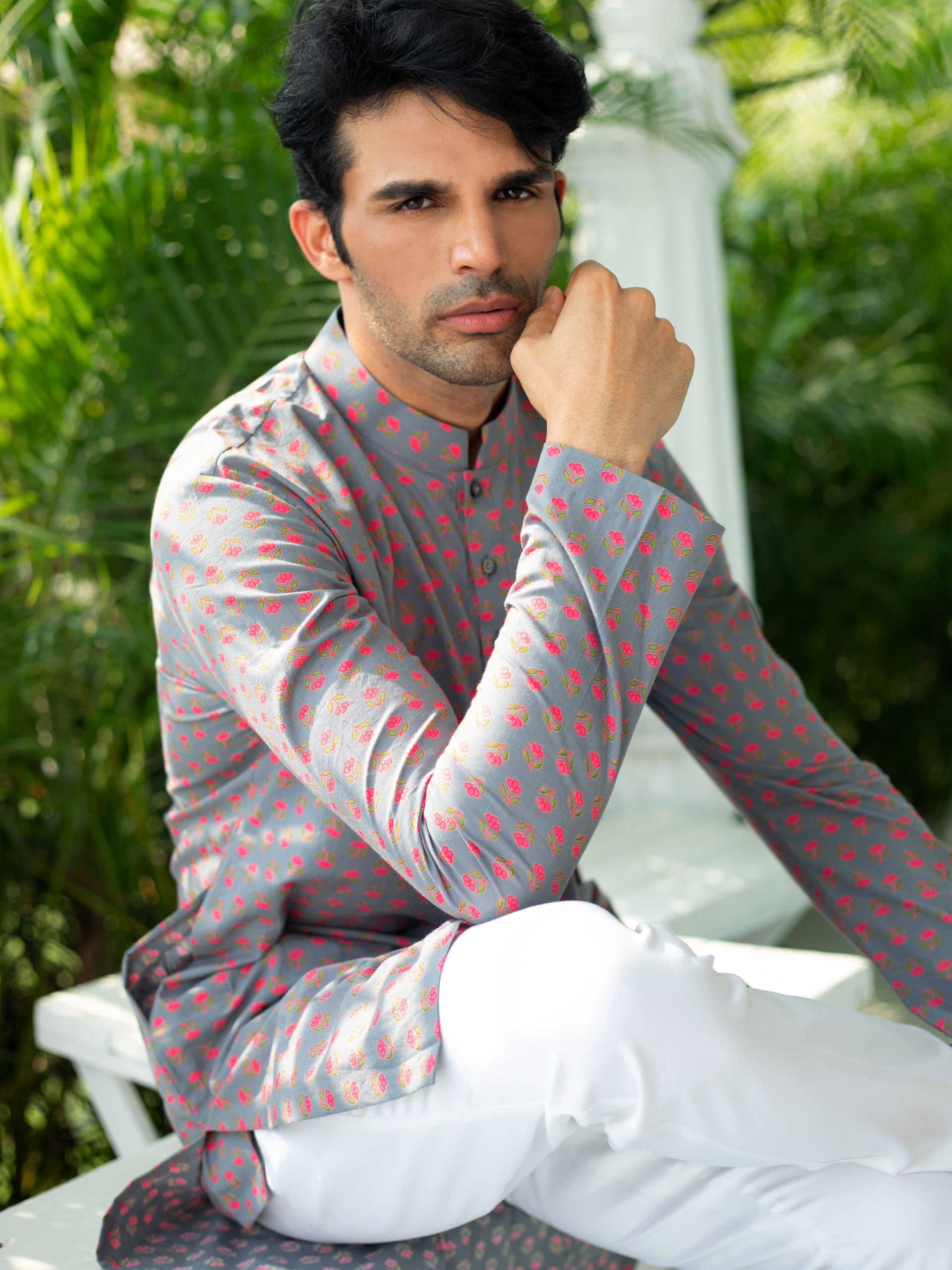 Grey Pink Cotton Kurta Set image 3