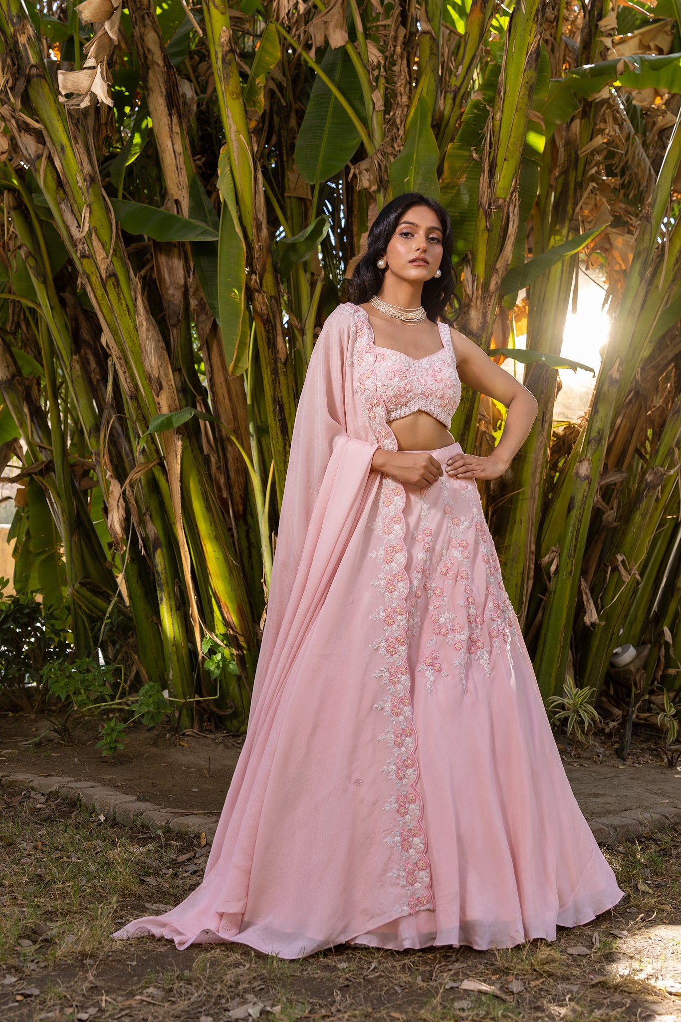 Pink Floral Georgette Embroidered Blouse Lehenga Set image 1