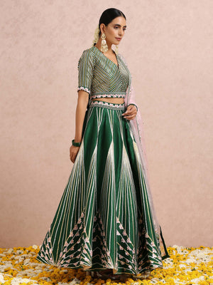 Green Embroidered Stripe Lehenga Set image 6