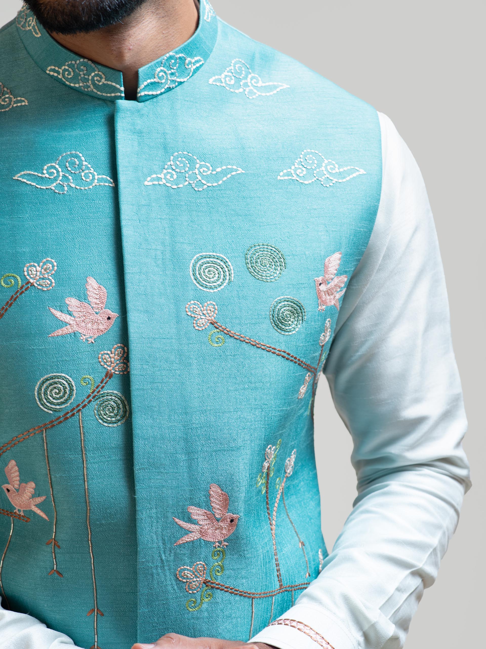 Sea Blue Madhubani Nehru Jacket image 1